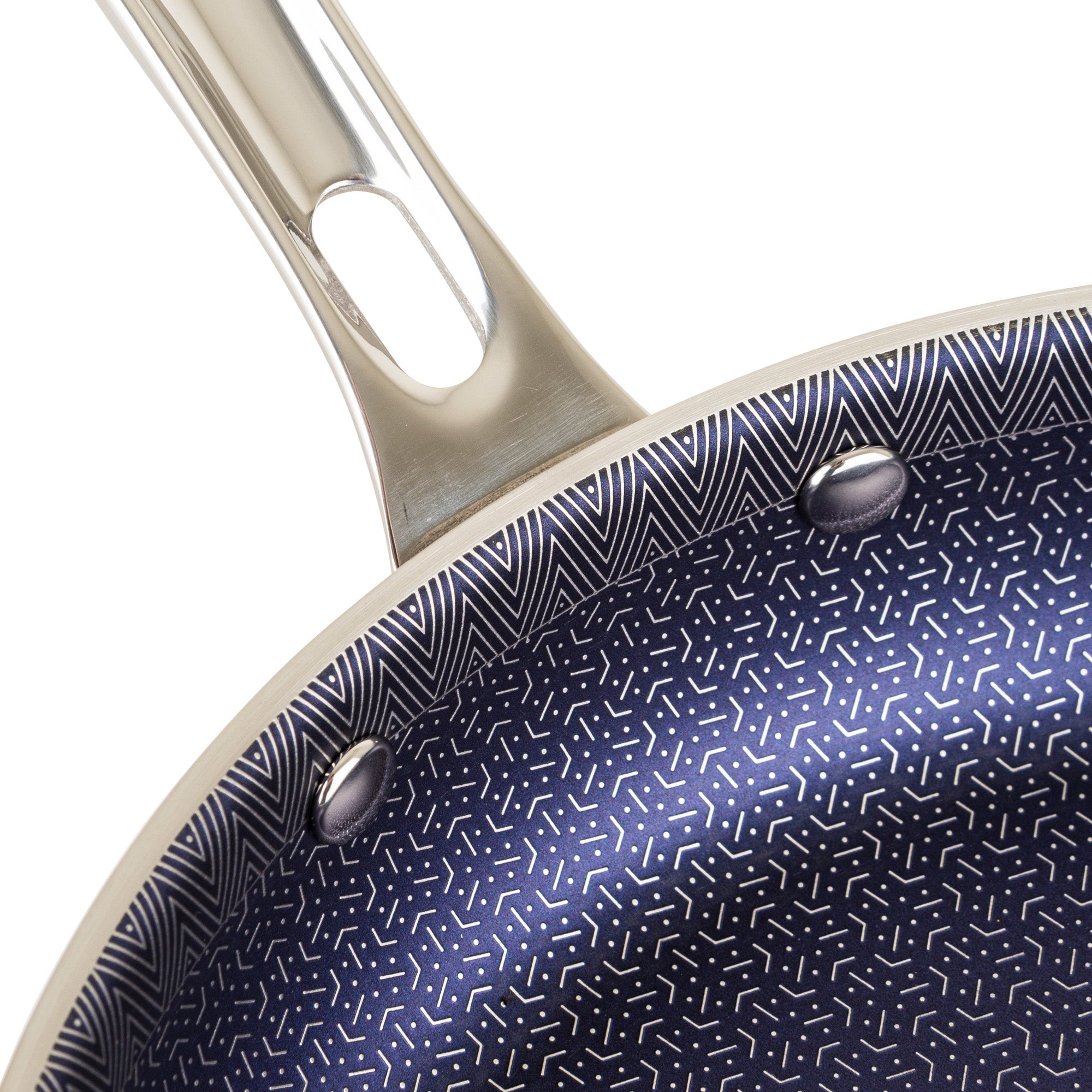 Close-up of the Viking 3-Ply Hybrid Plus 2 Pc Nonstick Fry Pan Set by Viking Culinary Products, showing the metallic handle and unique black-and-white patterned interior that ensures easy food release with its geometric nonstick design.