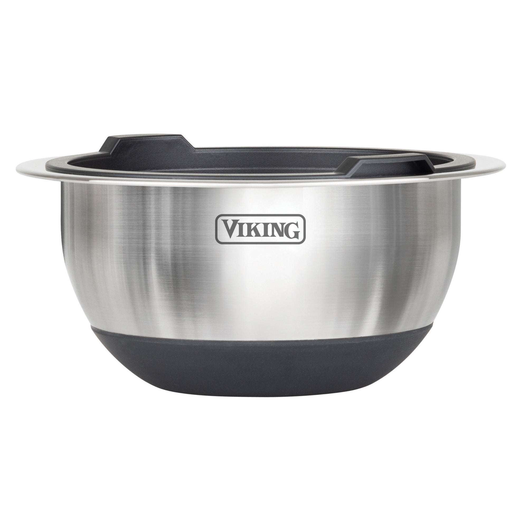 The Viking 10-Piece Stainless Steel Mixing Bowl Set with Lids by Viking Culinary Products features black silicone bases, wide rims, pouring spouts, and branded logos—an ideal upgrade for your mixing bowl collection.