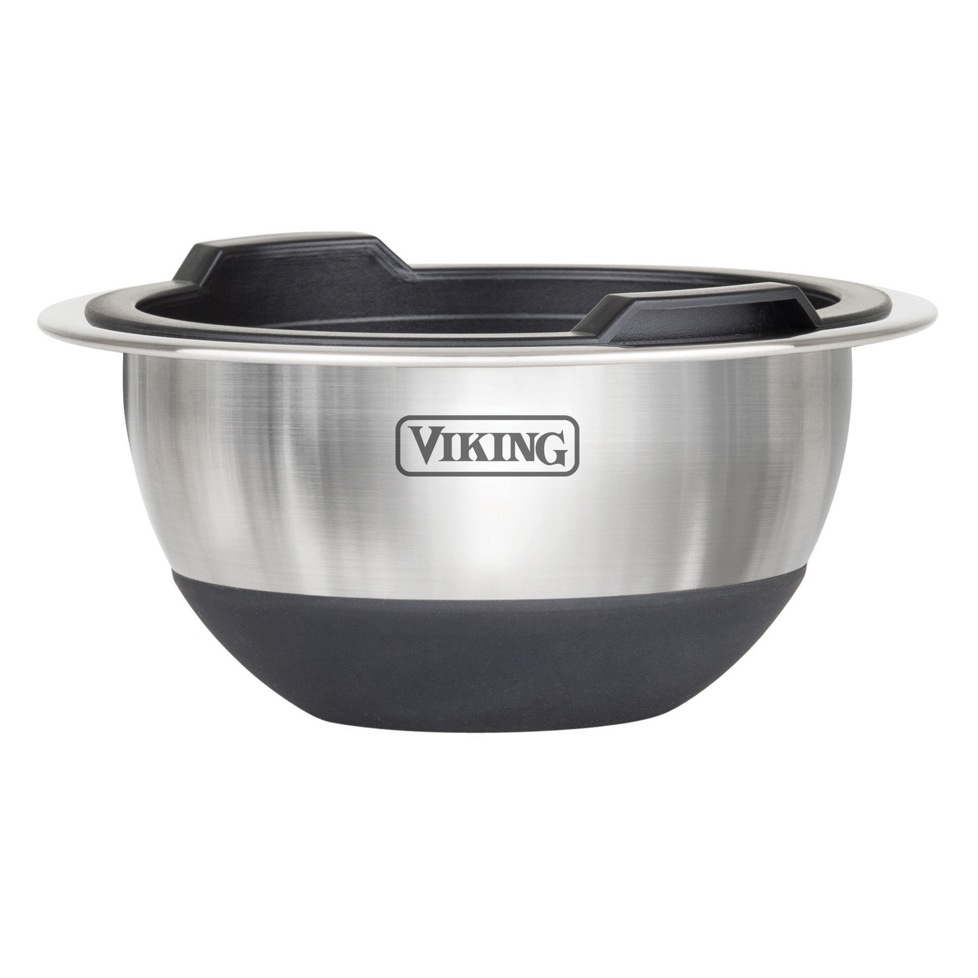 The Viking 10-Piece Stainless Steel Mixing Bowl Set with Lids by Viking Culinary Products features black non-slip grips, built-in handles, and a silicone base for stability, shown on a white background.