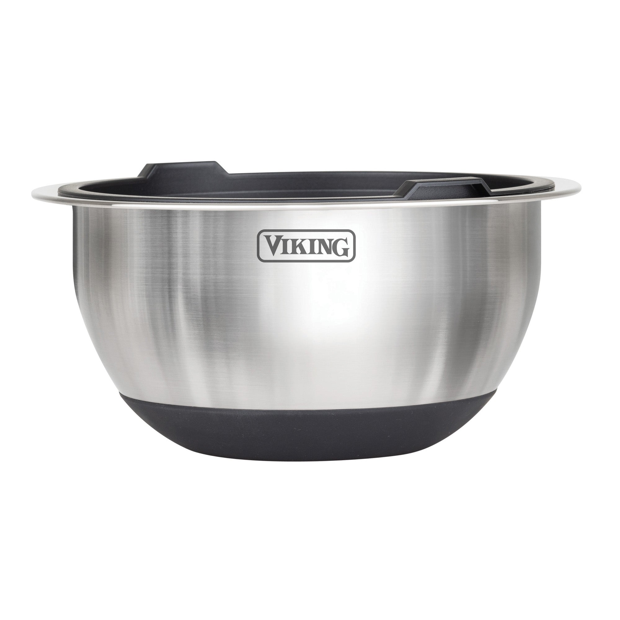 The Viking 10-Piece Stainless Steel Mixing Bowl Set with Lids by Viking Culinary Products features a silicone base and handles for stability, plus the iconic Viking logo on each bowl. Available in black.