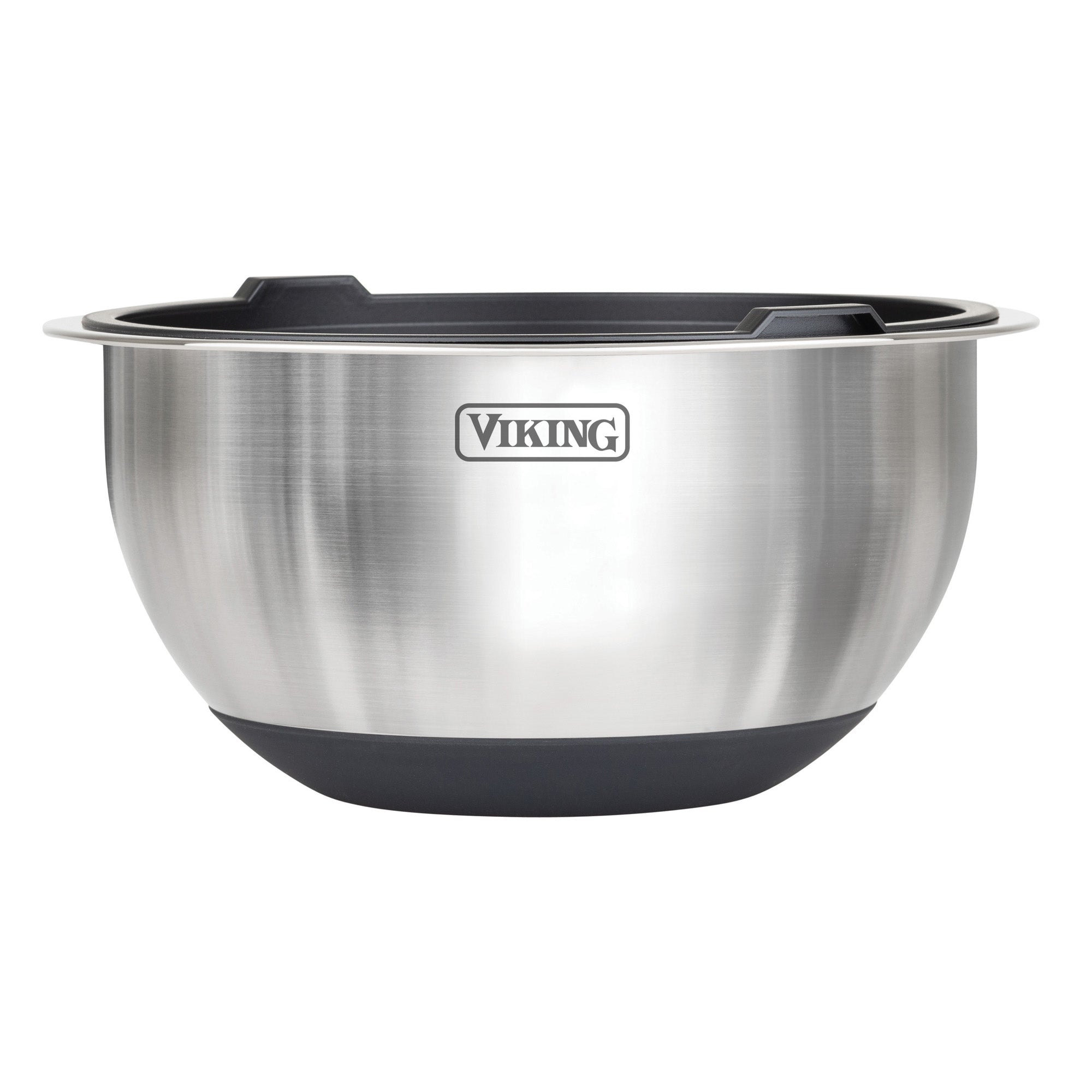The Viking Culinary Products 10-Piece Stainless Steel Mixing Bowl Set with Lids features black bases and the Viking logo, set against a white background—perfect for kitchen stability and style.