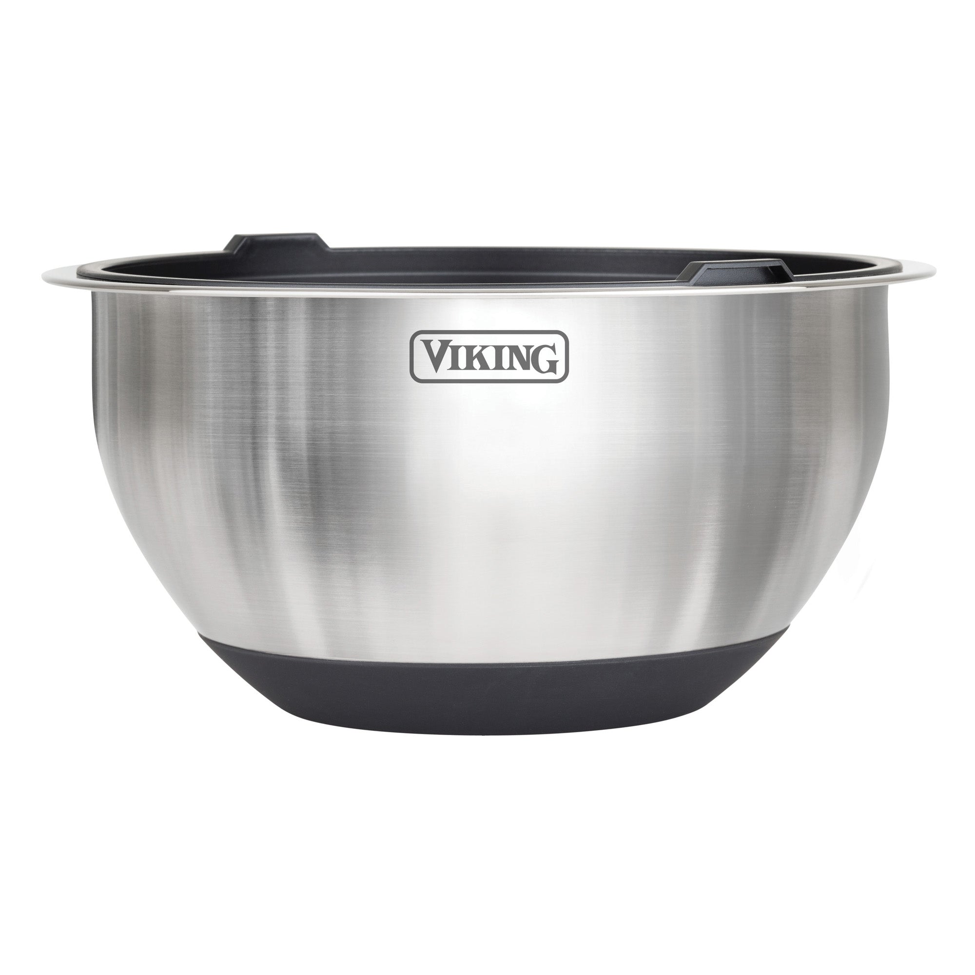 The Viking Culinary Products 10-Piece Stainless Steel Mixing Bowl Set with Lids in black features non-slip silicone bases and dual side grips, shown on a white background.