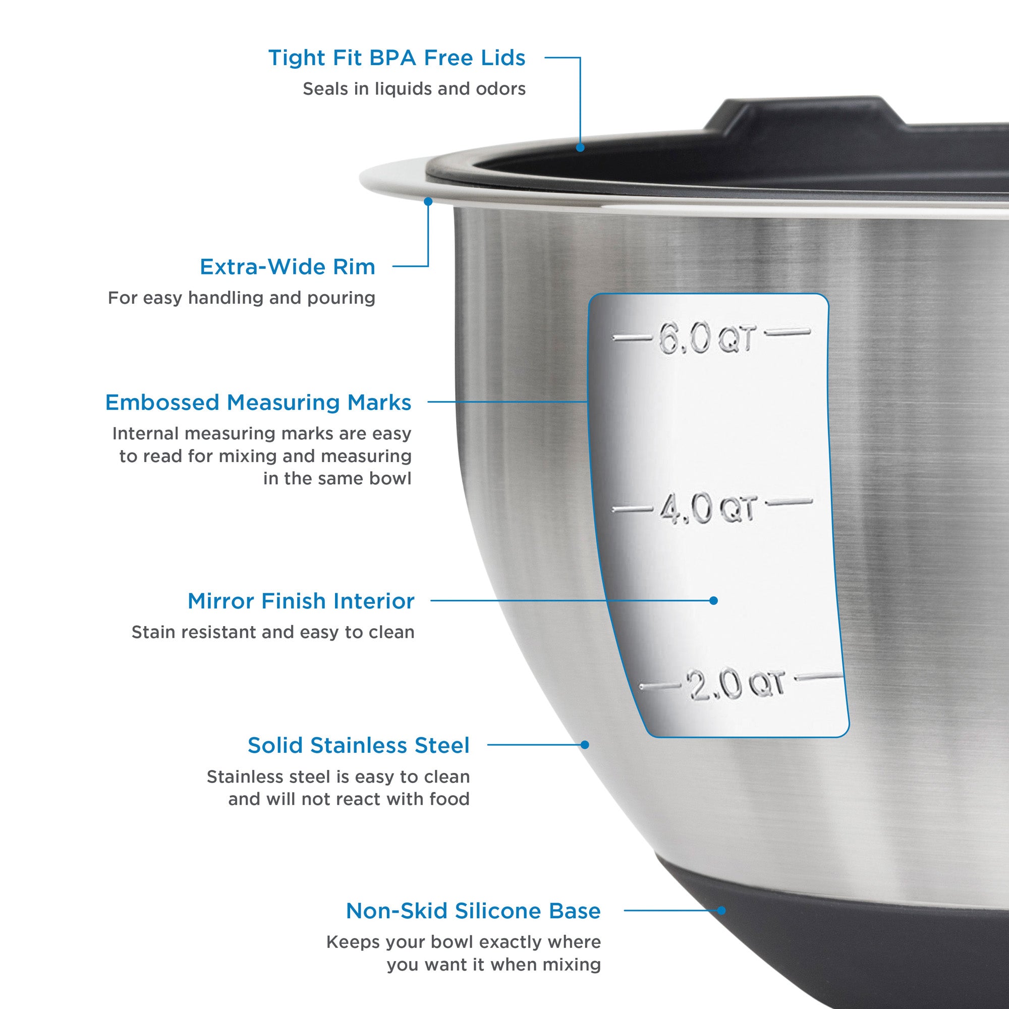 The Viking 10-Piece Stainless Steel Mixing Bowl Set with Lids by Viking Culinary Products features airtight lids, extra-wide rims, embossed quart marks (2-6 qts), mirror finish interiors, solid stainless steel build, and non-skid silicone bases—essential for any kitchen.