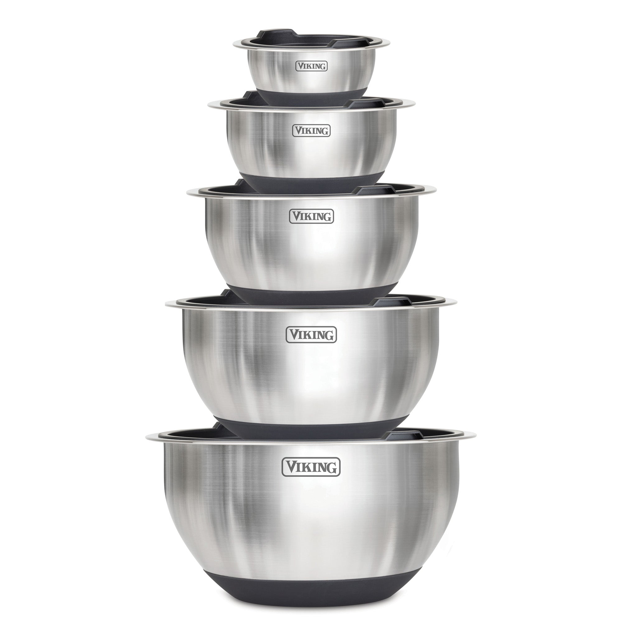 The Viking Culinary Products 10-Piece Stainless Steel Mixing Bowl Set with Lids, Black, features bowls with silicone bases for stability, airtight lids, sleek design, and can be neatly nested for convenient storage.