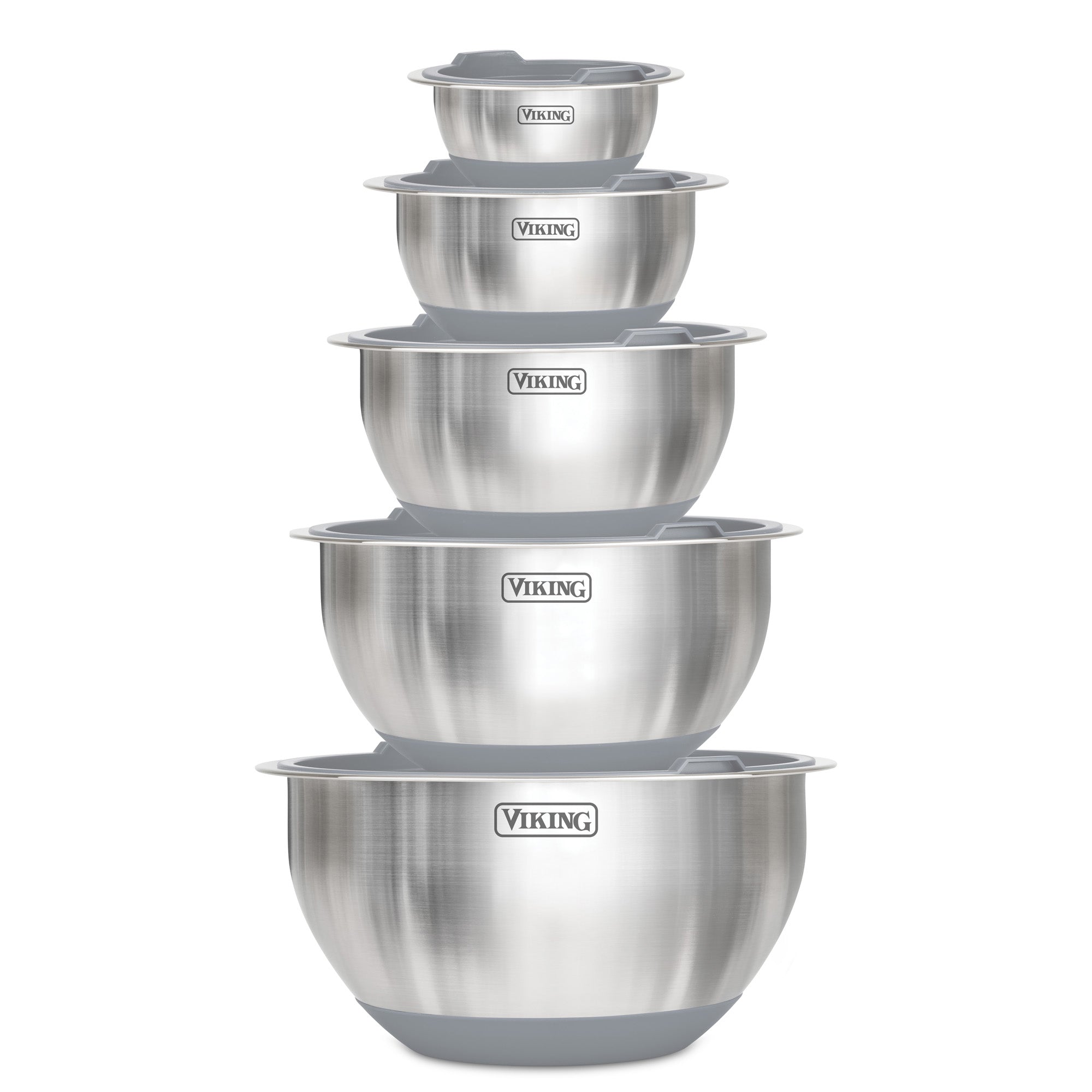 The Viking 10-Piece Stainless Steel Mixing Bowl Set with Lids from Viking Culinary Products features bowls in various sizes, each with a silicone base, airtight gray lids, and a Viking logo, nesting neatly for compact storage.