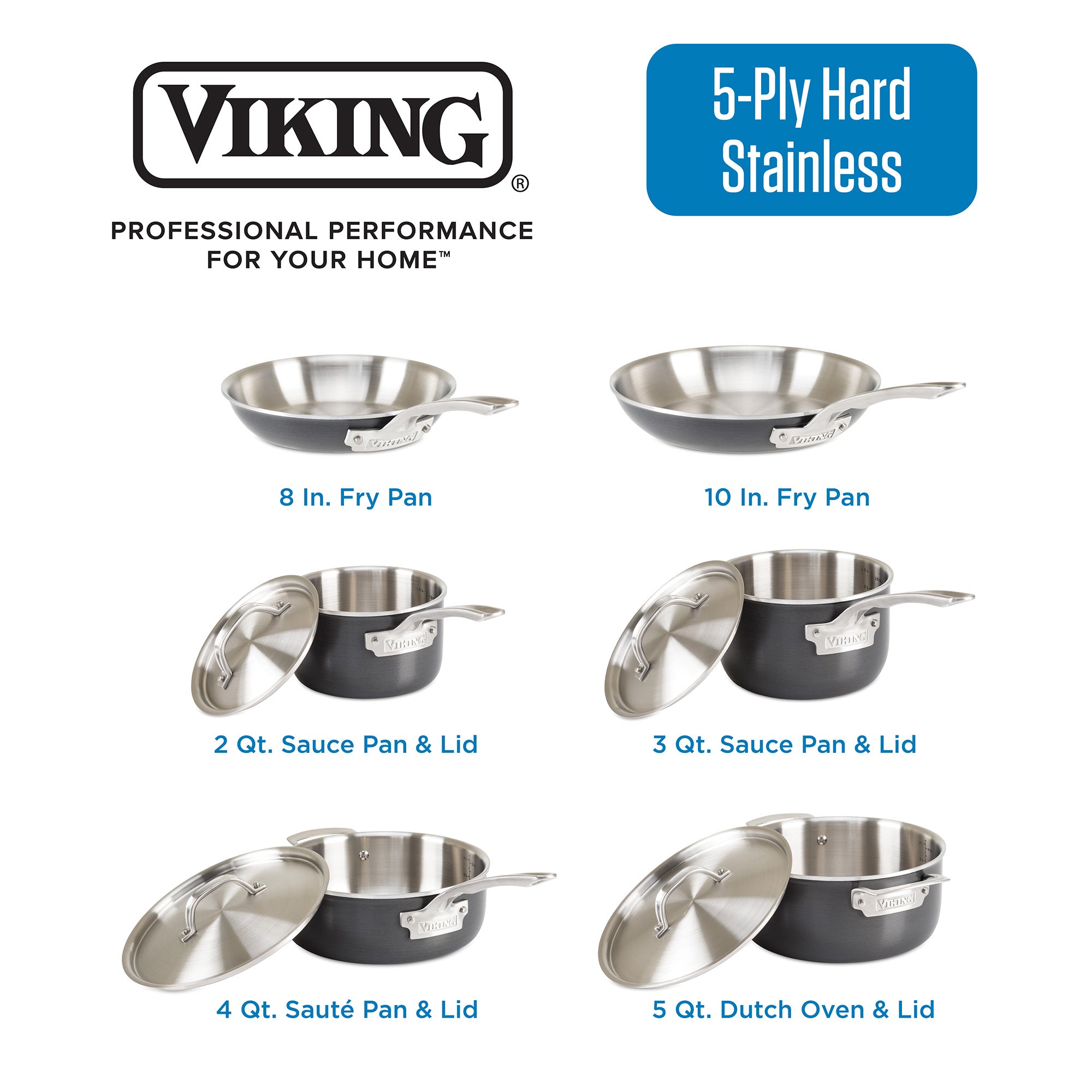The Viking 5-Ply 10-Piece Hard Anodized Stainless Steel Cookware Set by Viking Culinary Products includes two fry pans (8 & 10), two sauce pans with lids (2qt & 3qt), a 4qt sauté pan with lid, and a 5qt Dutch oven with lid.