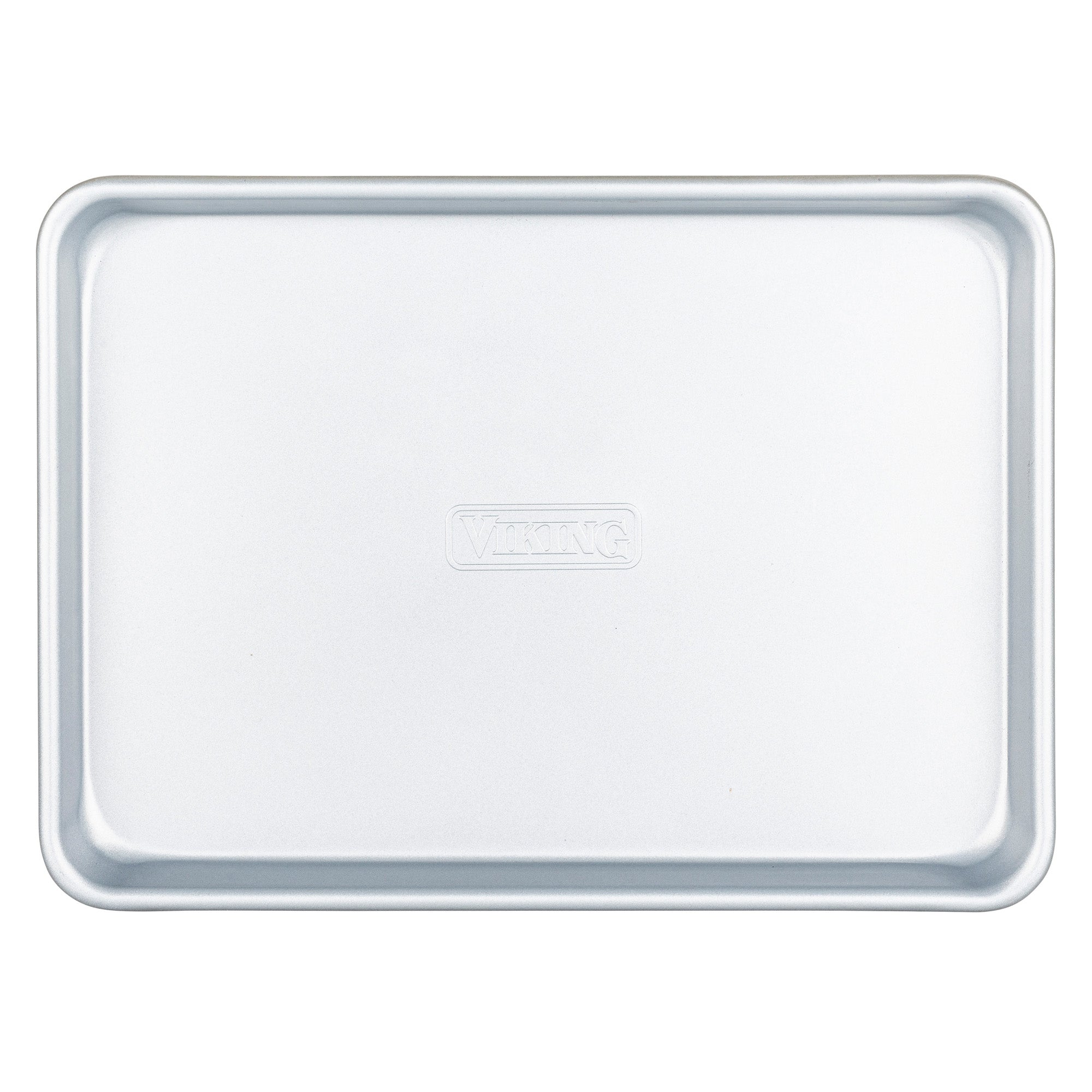 The Viking 13-Inch Aluminized Nonstick Baking Sheet by Viking Culinary Products features a rectangular silver design with raised edges, heavy-duty aluminized steel construction, and VIKING embossed in the center.