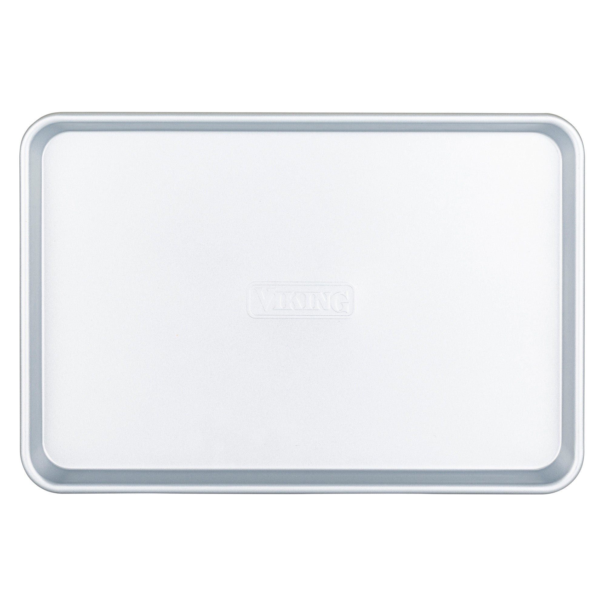 The Viking 15-Inch Aluminized Nonstick Baking Sheet by Viking Culinary Products is a rectangular, silver tray with raised edges and VIKING embossed in the center, featuring durable nonstick coating and shown empty on a white background.