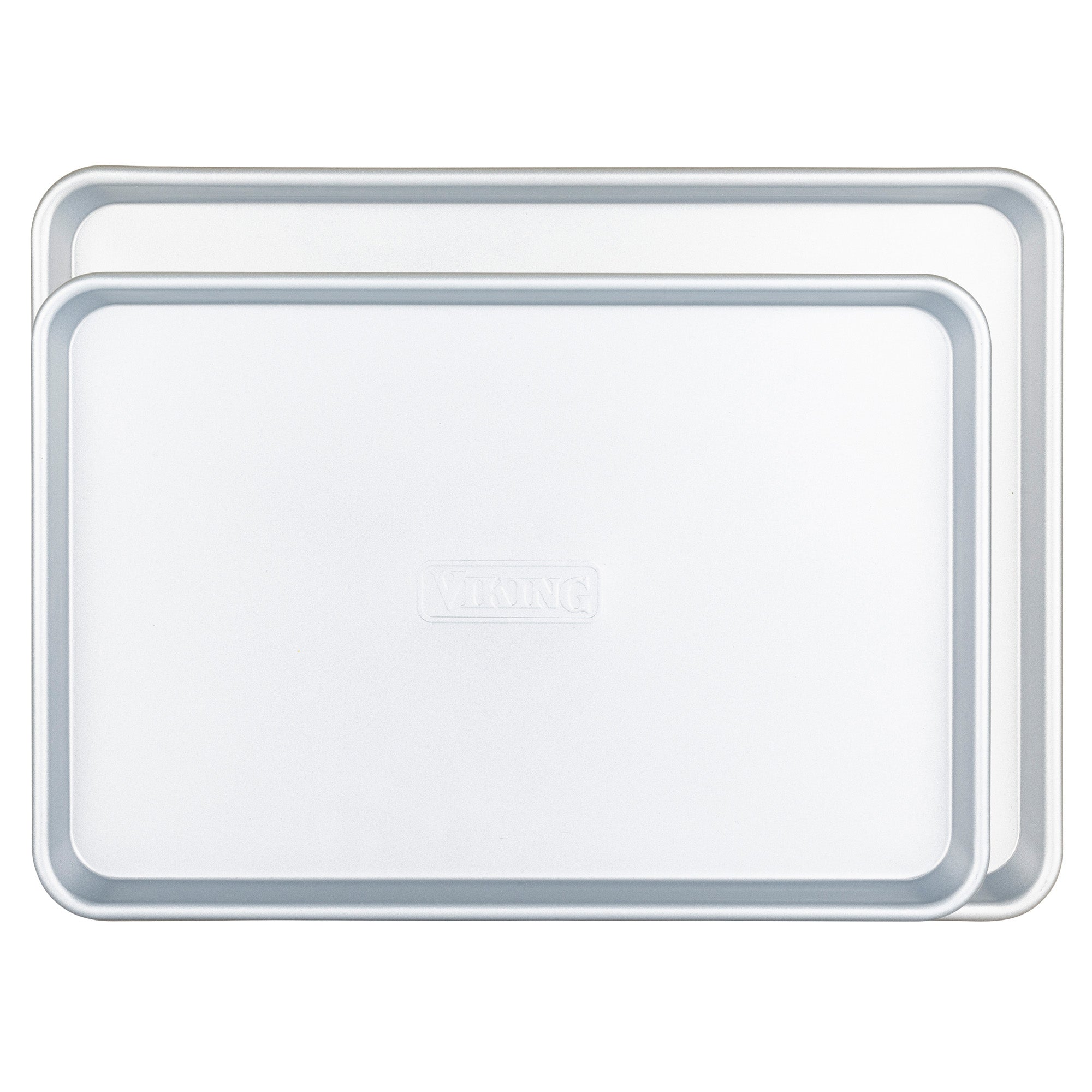 The Viking 2-Piece Nonstick Aluminized Steel Baking Sheet Set by Viking Culinary Products includes two silver rectangular sheets, one stacked atop the other, both with raised edges, smooth surfaces, and VIKING embossed on the top sheet.