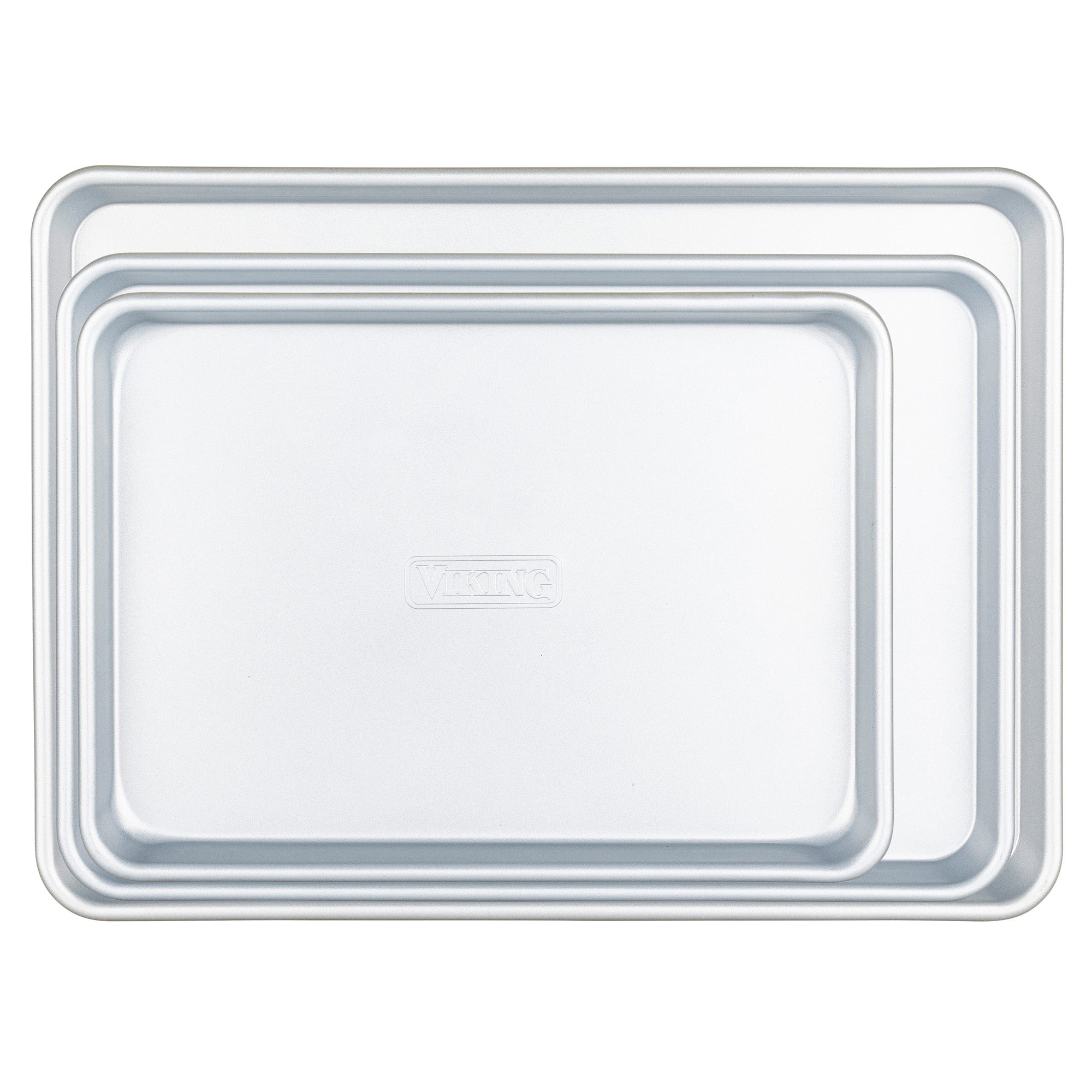 The Viking Culinary Products 3-Piece Nonstick Aluminized Steel Baking Sheet Set features stacked sheets of different sizes, each durable and embossed with the brand—perfect for professional baking results.
