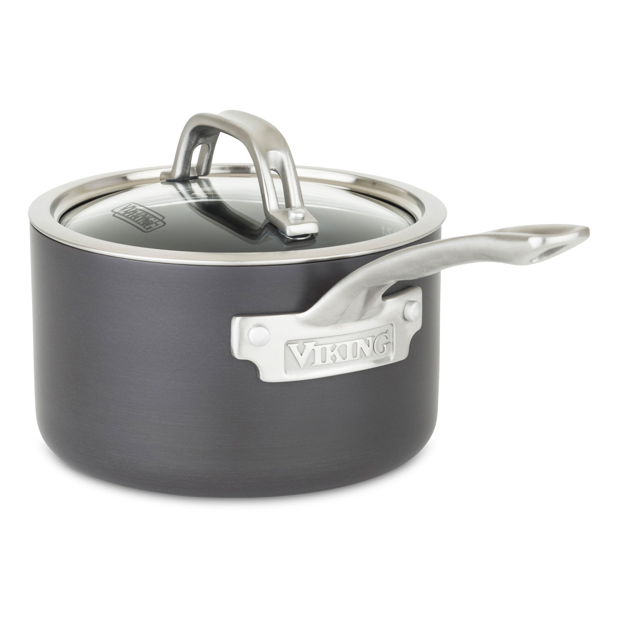 The Viking Hard Anodized Nonstick 2-Quart Sauce Pan by Viking Culinary Products features a gray finish, a long stay-cool metal handle, a matching glass lid, and a metal plaque with Viking embossed on the side.
