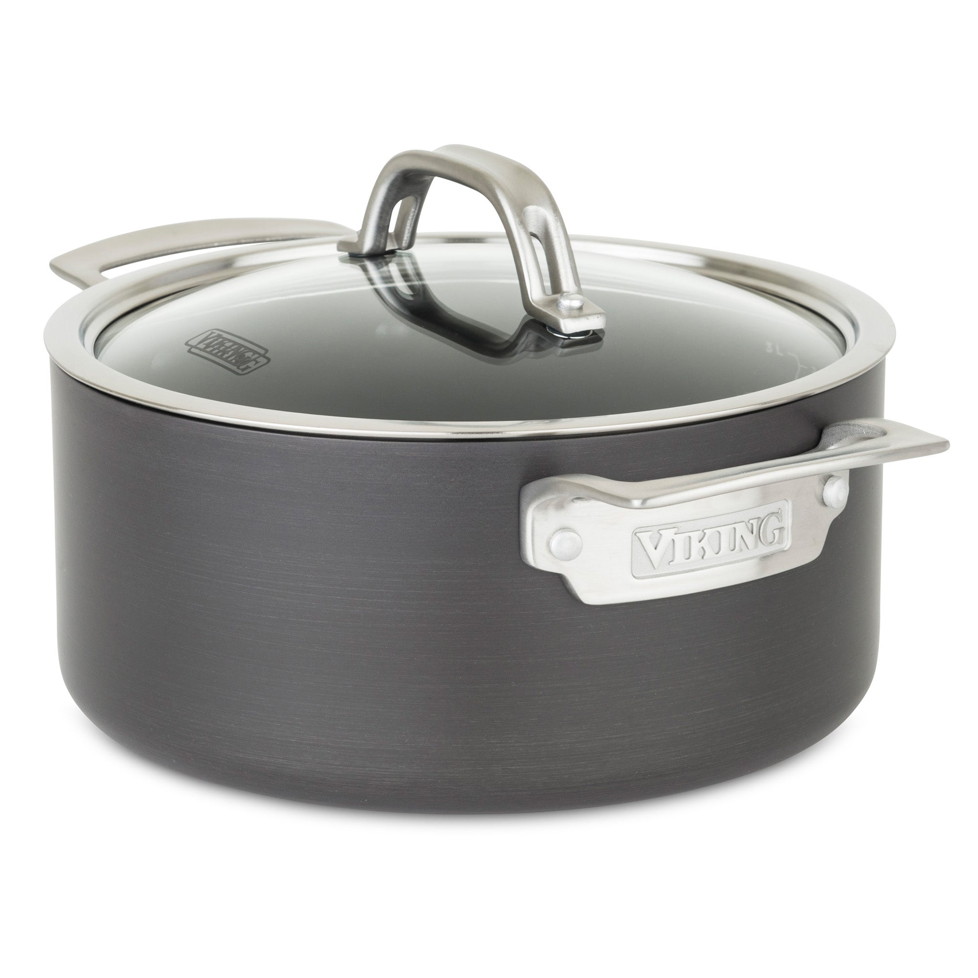The Viking Culinary Products Hard Anodized Nonstick 4-Quart Soup Pot features a black finish, glass lid, stainless steel handles, and the brand name engraved on the side handle.