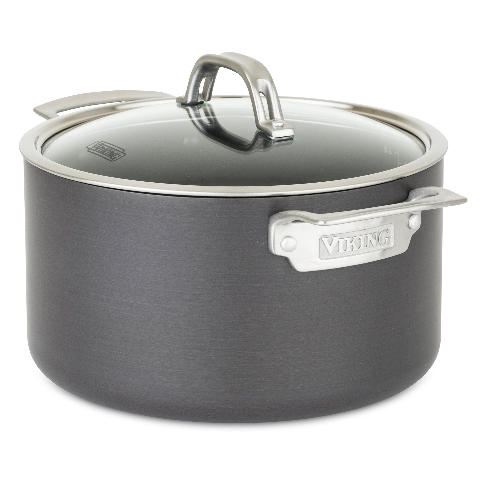 The Viking Culinary Products Hard Anodized Nonstick 6-Quart Dutch Oven features a glass lid and sturdy stainless steel handles, with the Viking name engraved on the side handle.