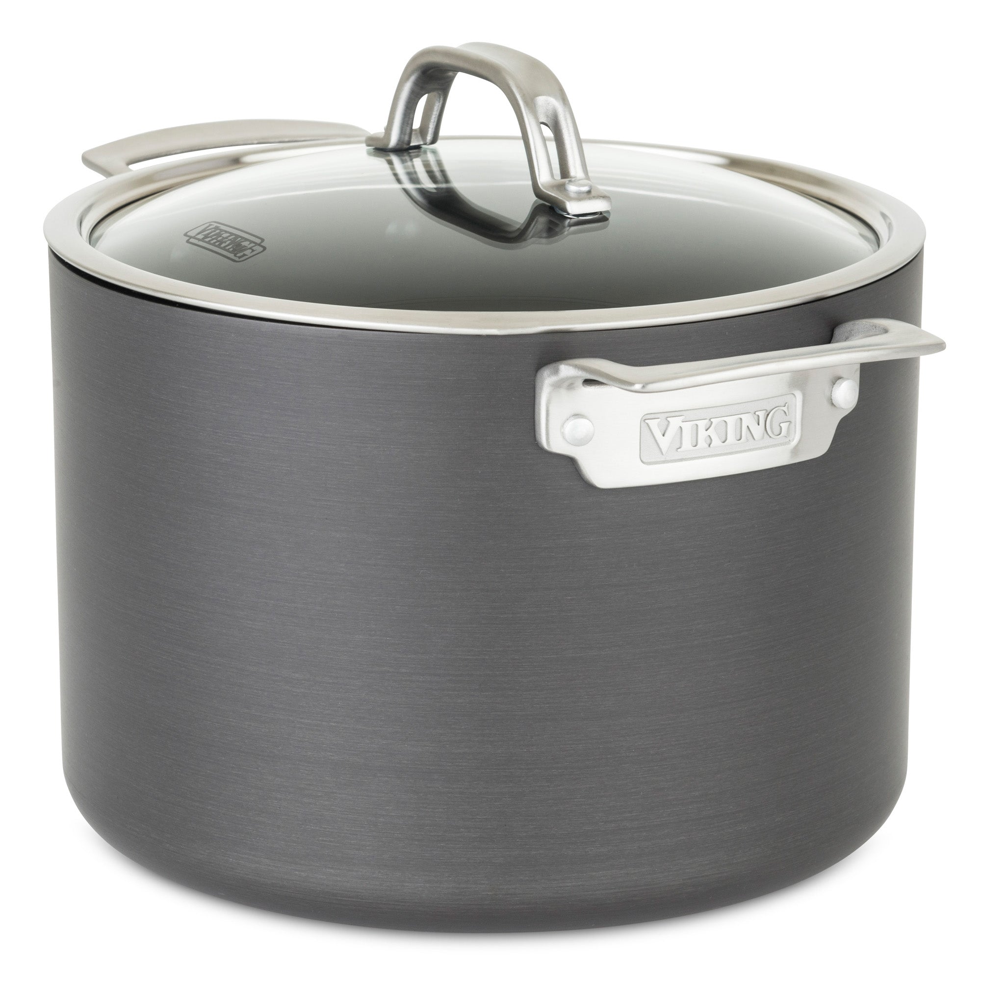 The Viking Hard Anodized Nonstick 8-Quart Stock Pot with Glass Lid by Viking Culinary Products features metal handles, a durable hard anodized aluminum build, and a triple-layer nonstick interior for easy cooking and cleaning.