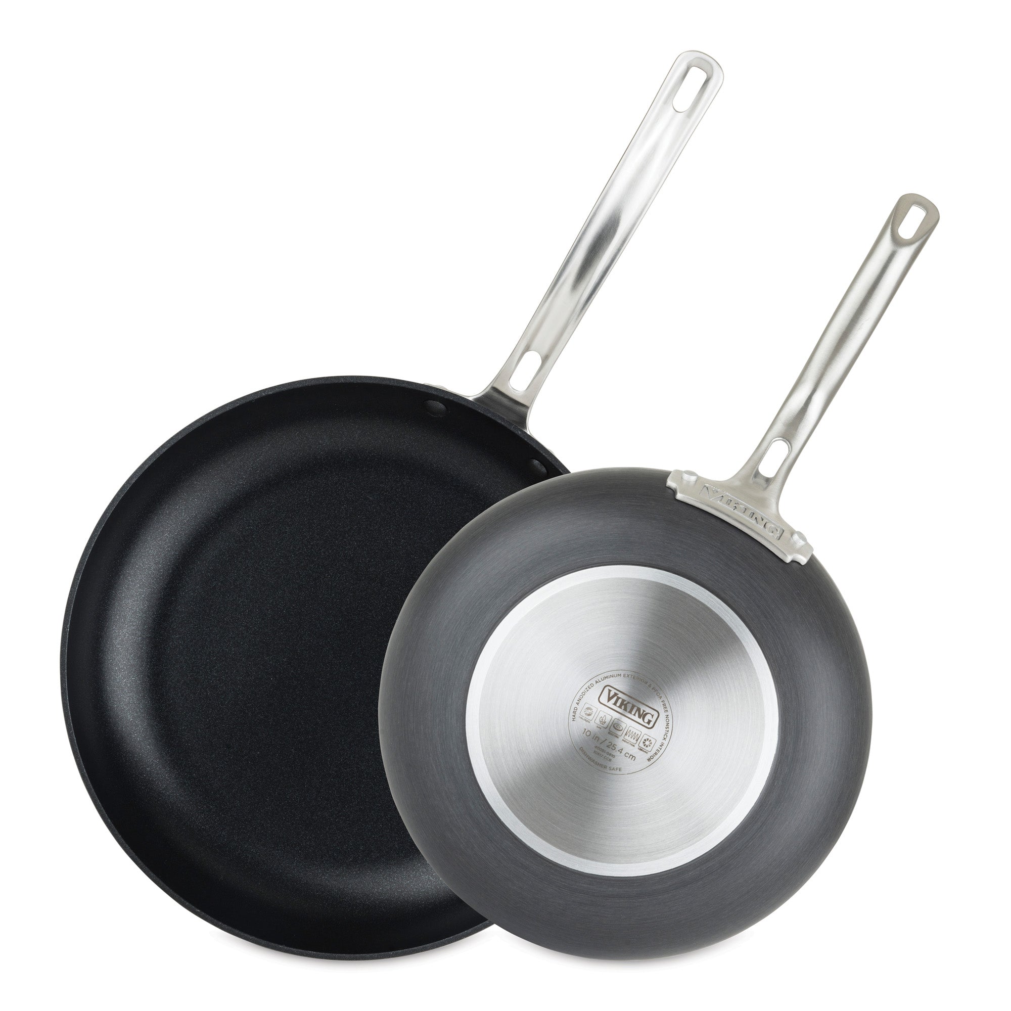 The Viking Culinary Products Hard Anodized Nonstick 2-Piece Fry Pan Set is shown, with one pan revealing the nonstick cooking surface and the other displaying its brushed hard anodized aluminum bottom and Viking brand label.
