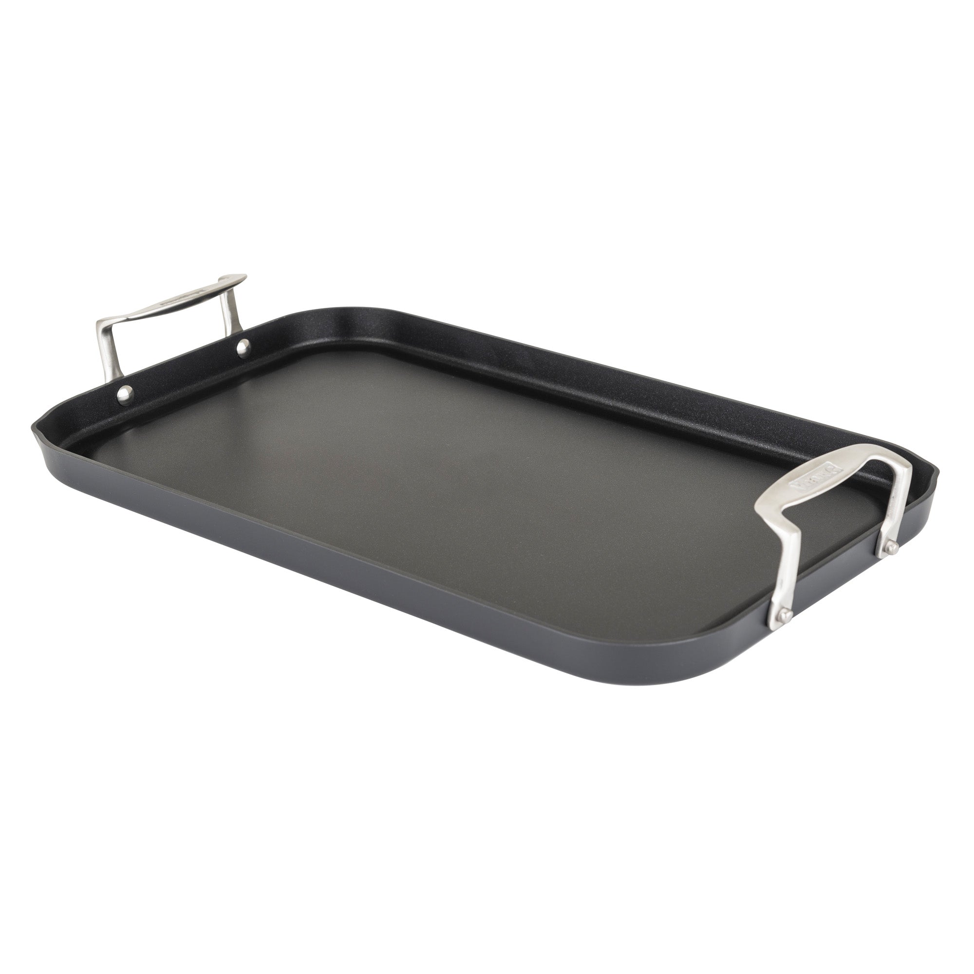 The Viking Hard Anodized Nonstick Double Burner Griddle by Viking Culinary Products features a rectangular black design, flat nonstick surface, slightly raised edges, and two sturdy silver metal handles on each side.
