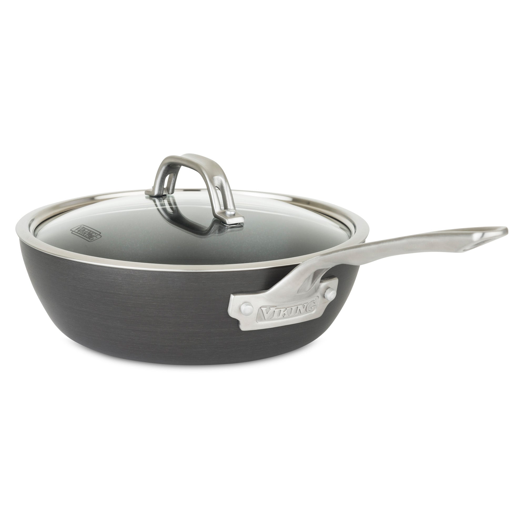 The Viking Hard Anodized Nonstick 3-Quart Saucier Pan with Glass Lid from Viking Culinary Products, featuring a Stay-Cool Handle and logo on the side, is shown against a white background.