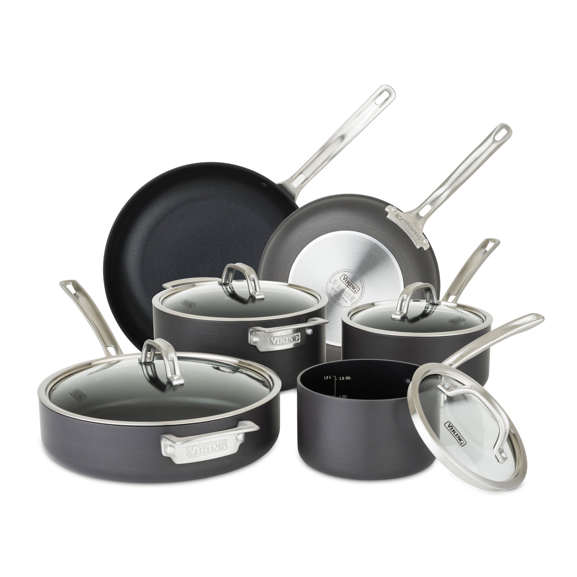 The Viking Culinary Products Hard Anodized Nonstick 10-Piece Cookware Set features lidded pots, a Dutch oven, deep sauté pan with lid, and frying pans—all with stainless steel handles and glass lids on a white background.