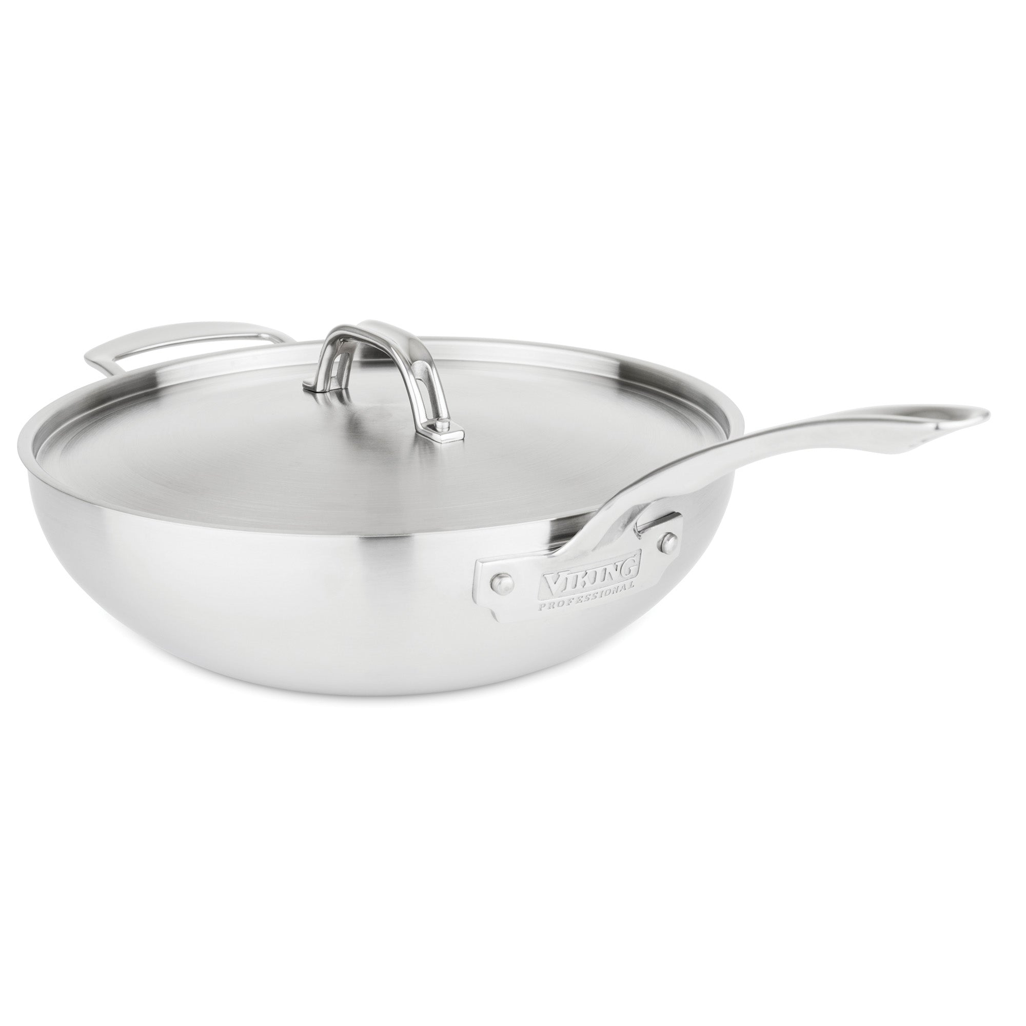 The Viking Professional 5-Ply Stainless Steel 12-Inch Chefs Pan (5.6-Quart) by Viking Culinary Products features a long handle, helper handle, metal lid, and engraved branding, displayed elegantly on a white background.