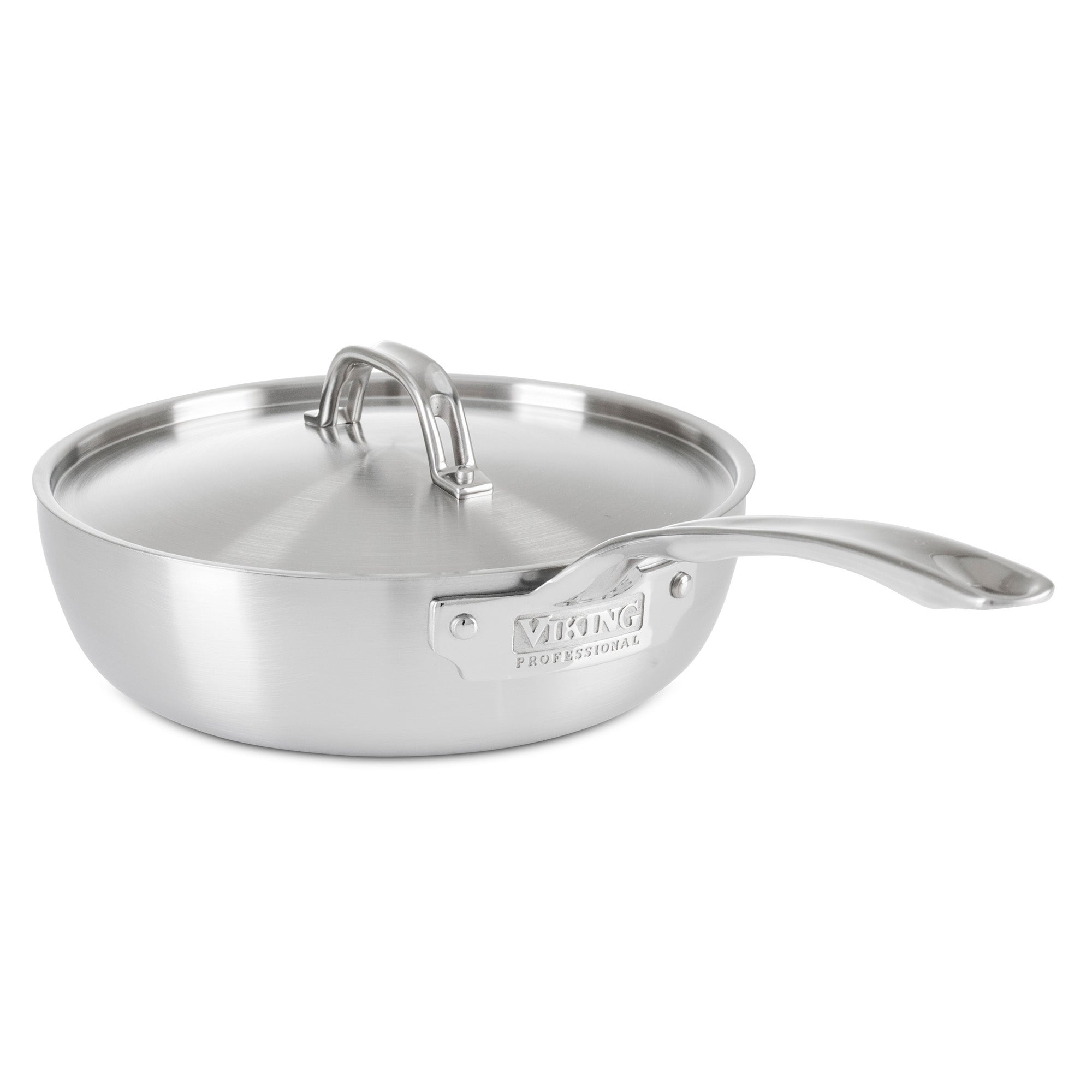 The Viking Culinary Products Professional 5-Ply 3-Quart Saucier features a brushed stainless steel finish, metal lid, long handle, and an elegantly engraved Viking Professional side plate.