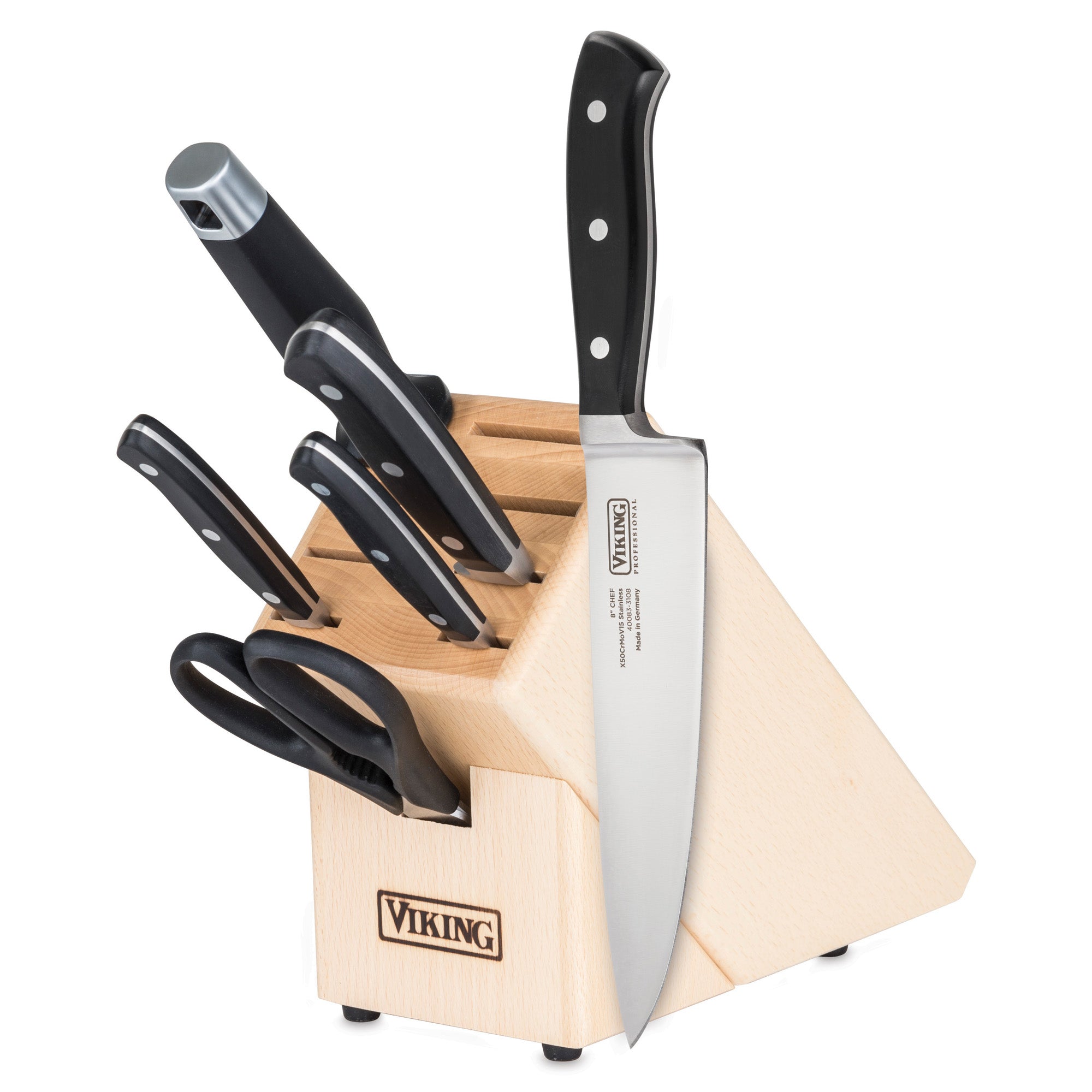 The Viking Professional 7-Piece Cutlery Set by Viking Culinary Products features a wooden block holding five German steel knives, kitchen shears, and a full-tang chef knife at the front.