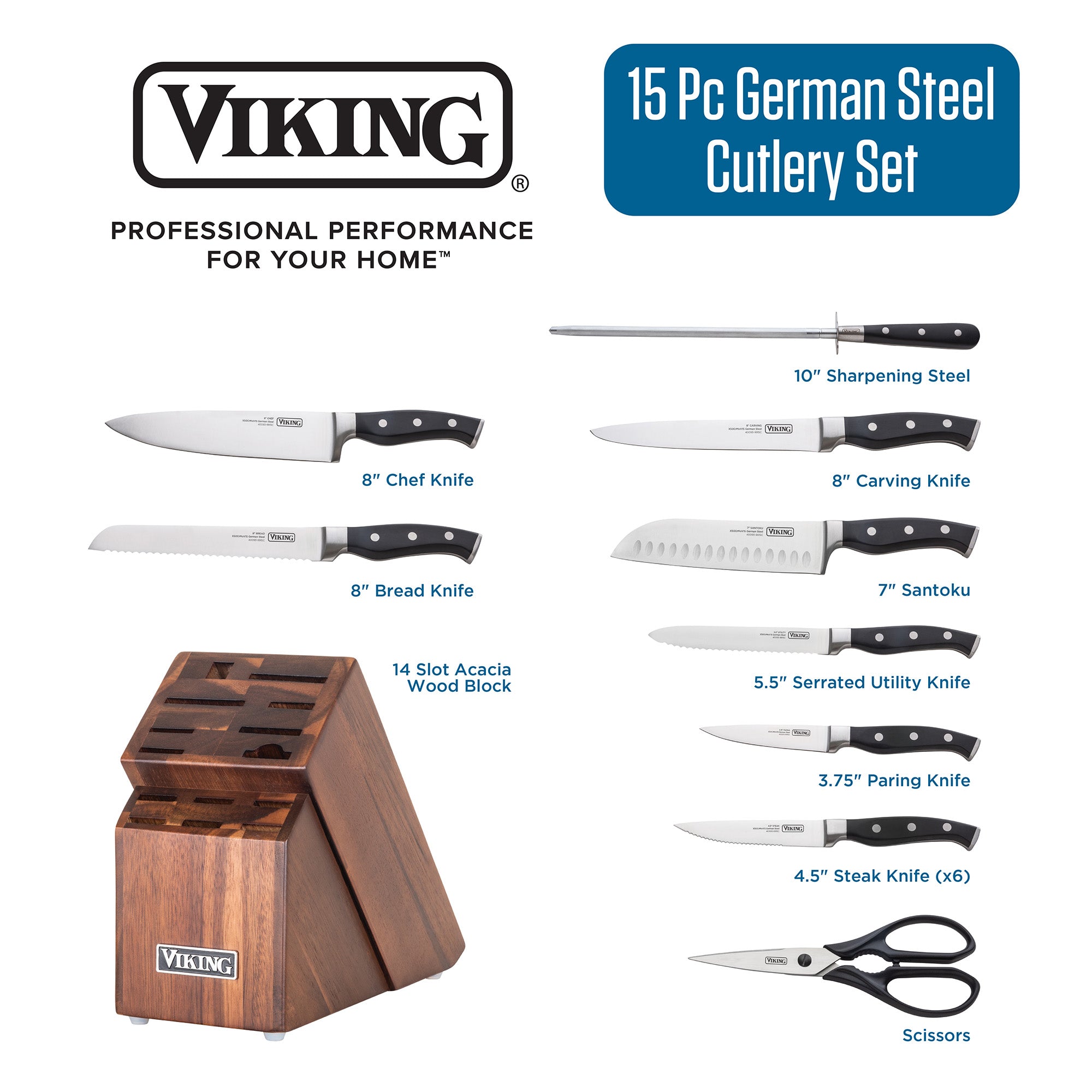 Viking Culinary Products’ 15-piece stainless steel cutlery set features an acacia wood block, labeled knives (including chefs knife), sharpening steel, and scissors—all with the Viking brand logo and product name on the left.