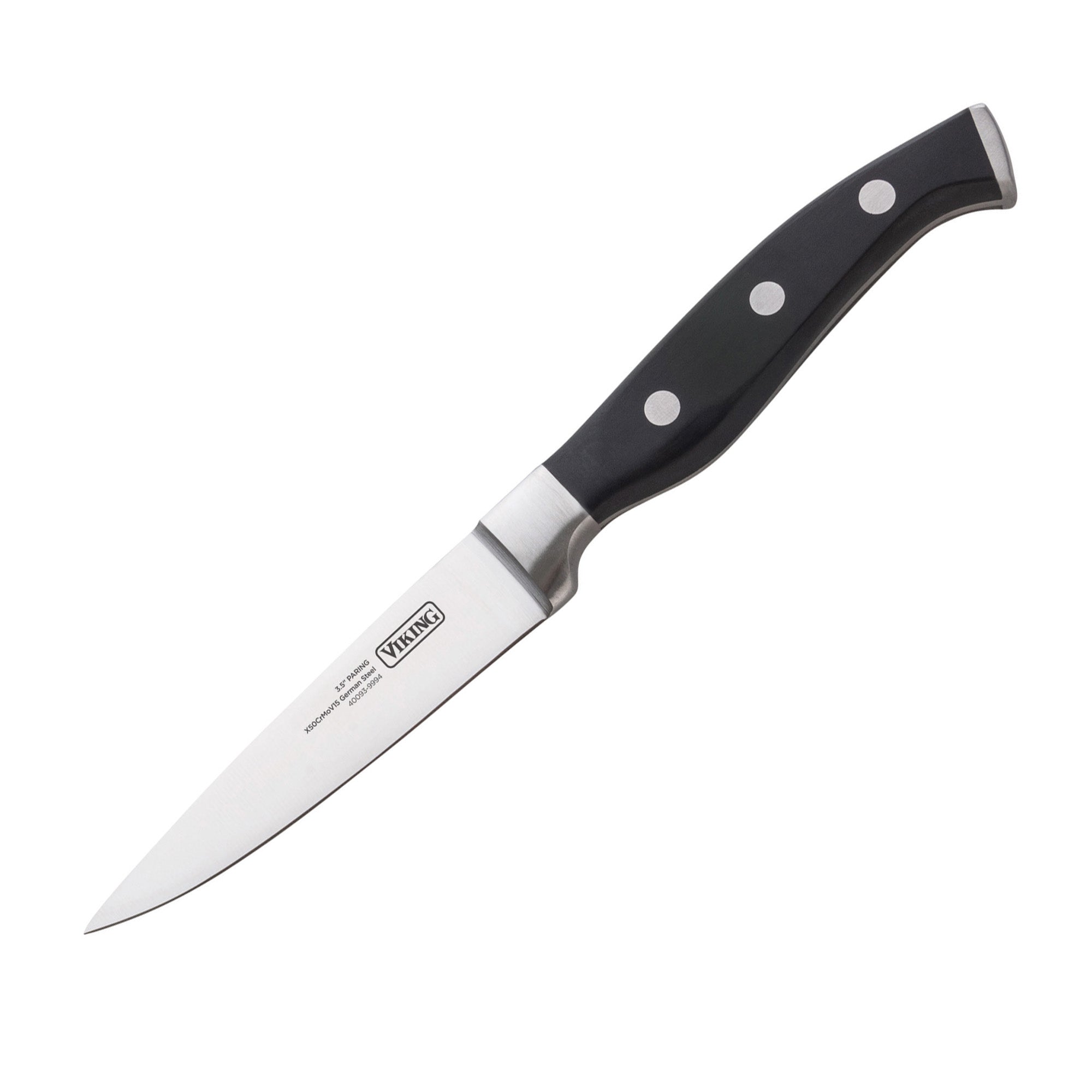 The Viking 15-Piece Stainless Steel Cutlery Set by Viking Culinary Products features knives with black handles and triple rivets, shown on a white background—an ideal companion to your chefs knife.