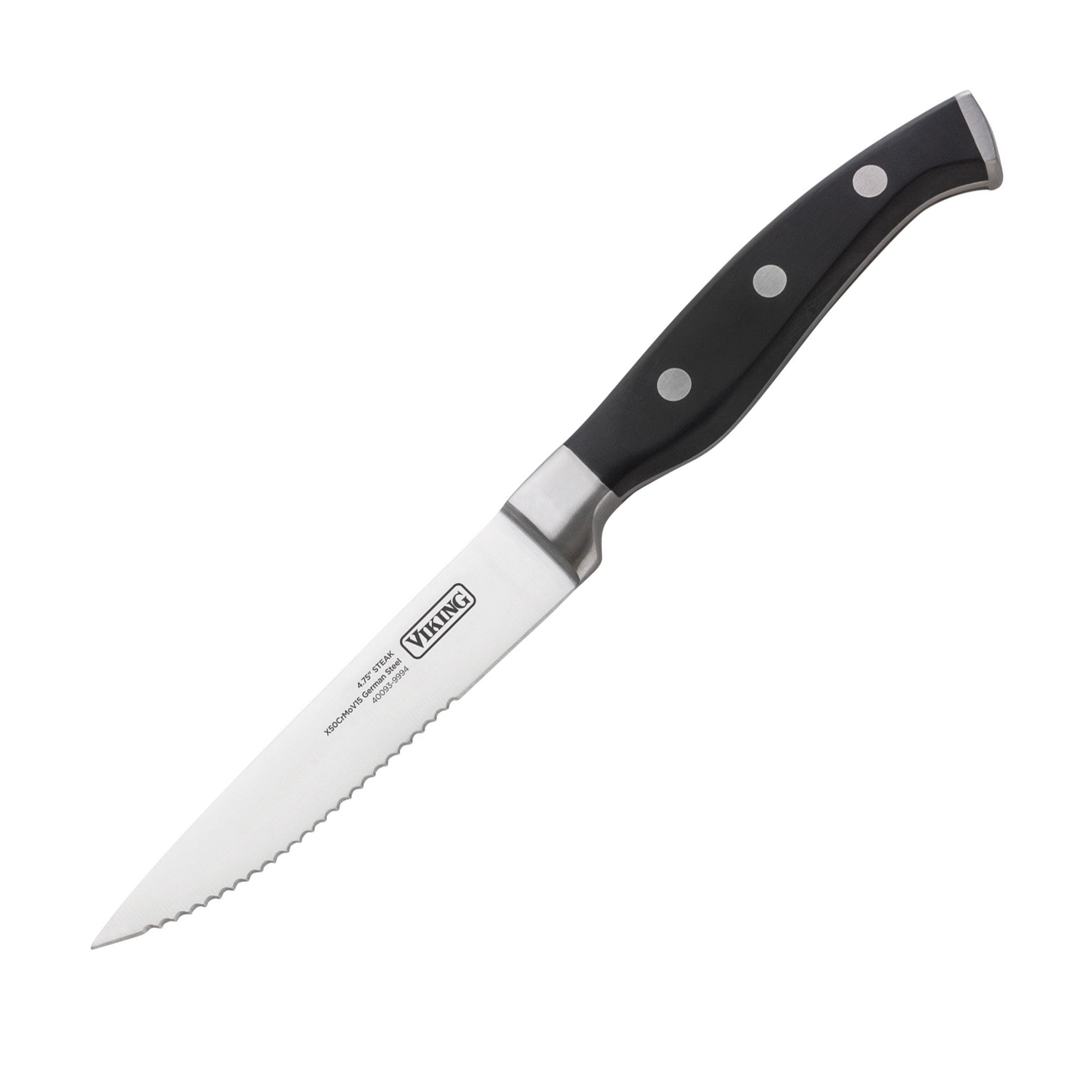The Viking Culinary Products 15-Piece Stainless Steel Cutlery Set features a serrated knife with a black, triple-riveted handle and pointed tip, perfect to pair with your chef’s knife and displayed on a white background.