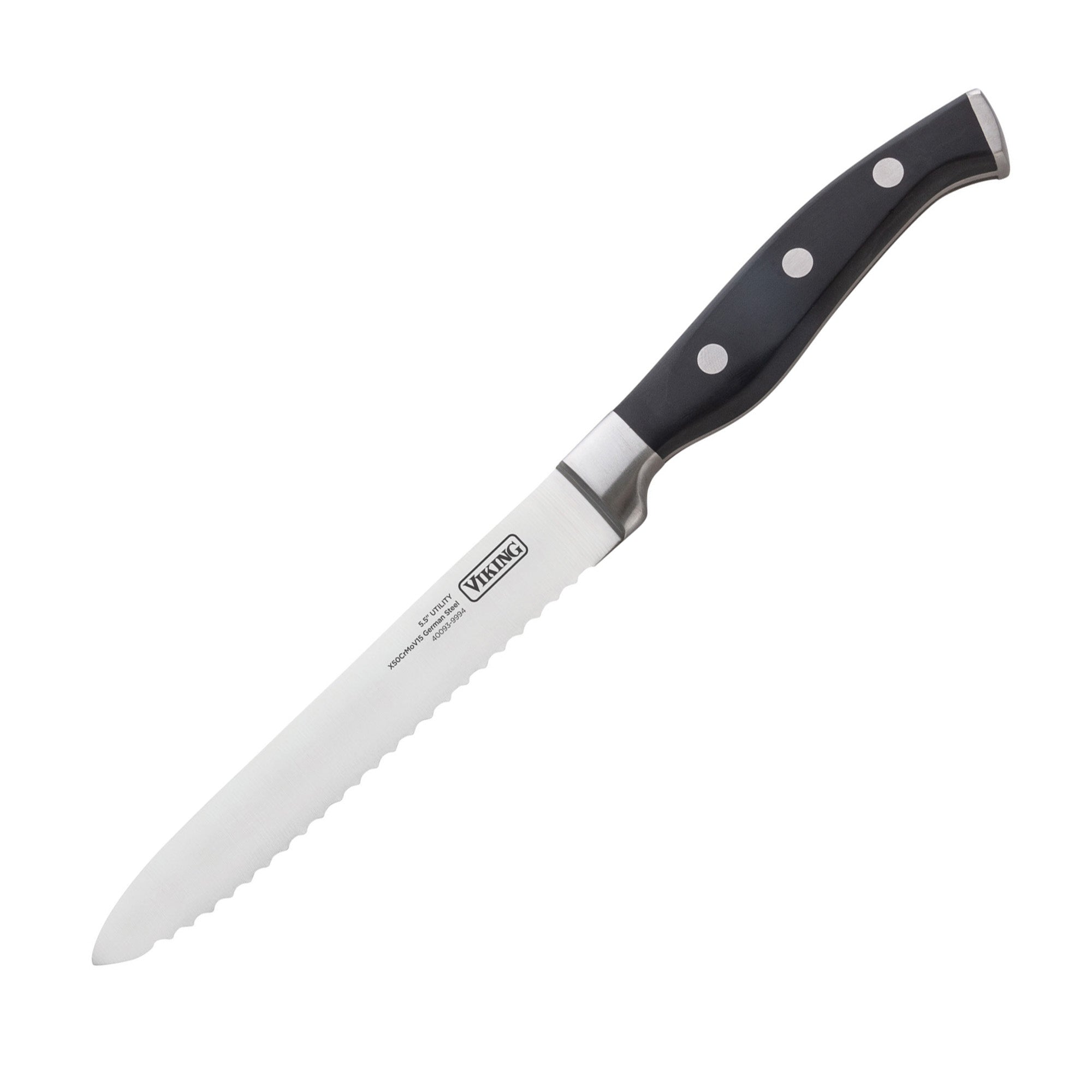 A serrated bread knife from the Viking 15-Piece Stainless Steel Cutlery Set by Viking Culinary Products features a black handle with three rivets and a silver bolster, displayed on a white surface.