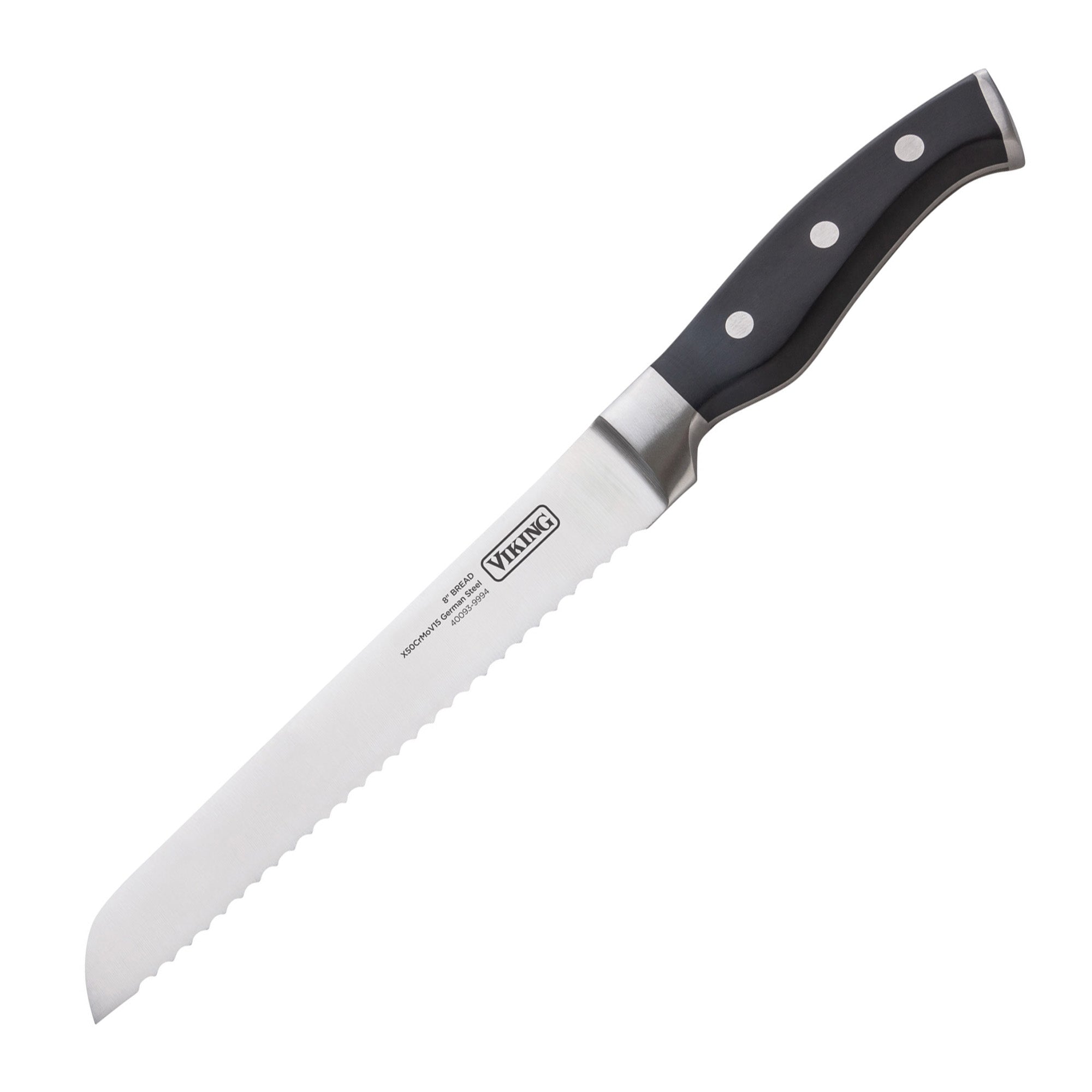 A serrated bread knife from the Viking 15-Piece Stainless Steel Cutlery Set features a black handle with silver rivets and the Viking Culinary Products logo on its blade.