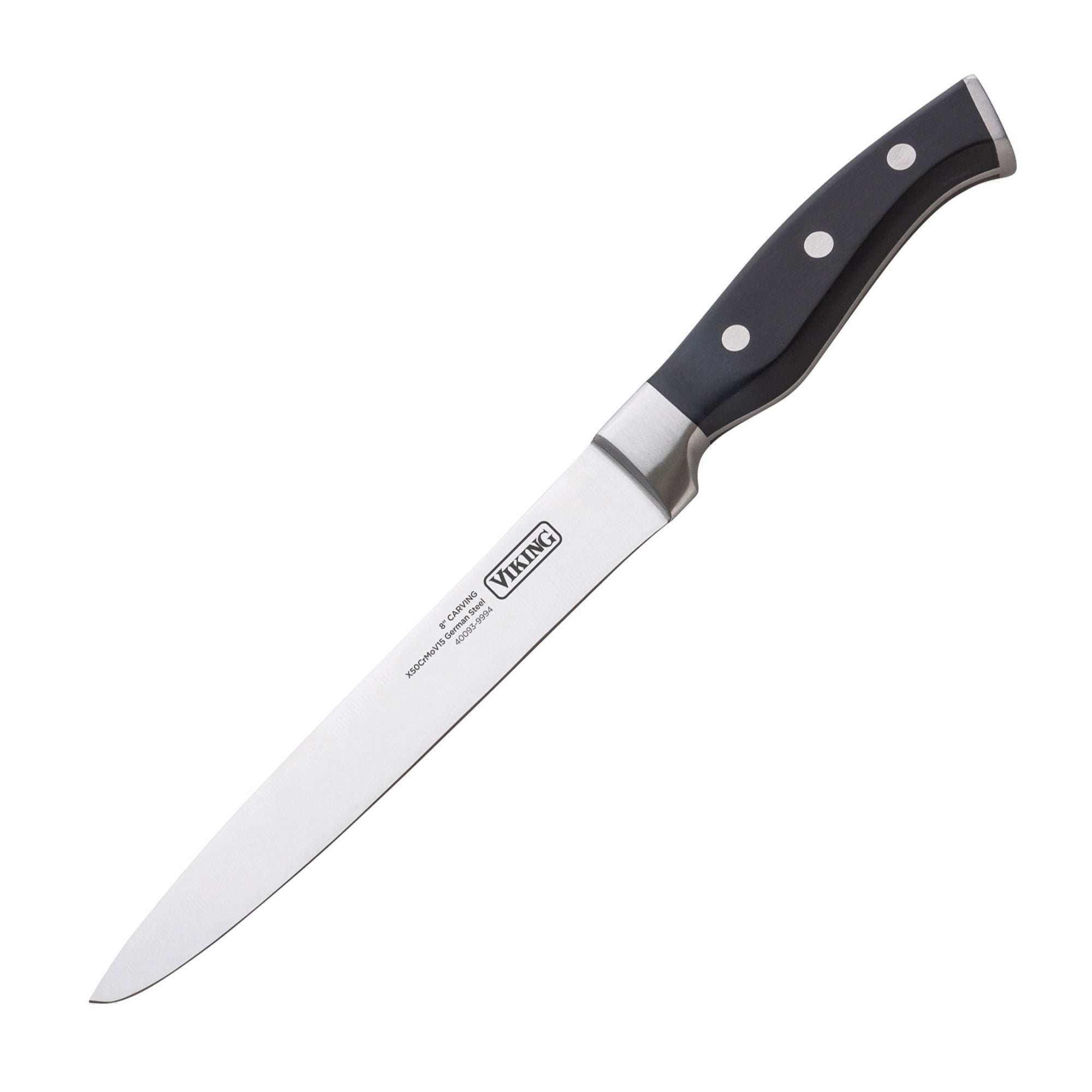 The Viking 15-Piece Stainless Steel Cutlery Set by Viking Culinary Products features chef’s knives with stainless steel blades and black, triple-riveted handles, displayed on a white background. The Viking label near the handle highlights its quality craftsmanship.