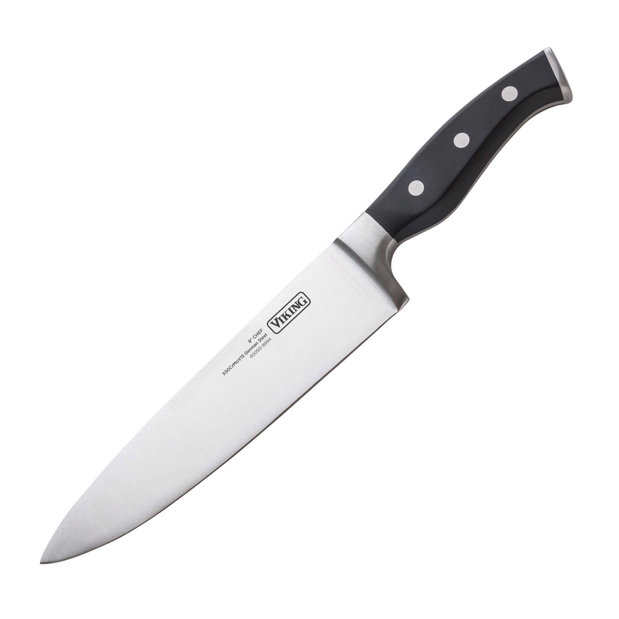 A Viking Culinary Products chefs knife from the 15-piece stainless steel cutlery set is pictured on a white background, featuring a black triple-riveted handle and blade with the Viking logo.