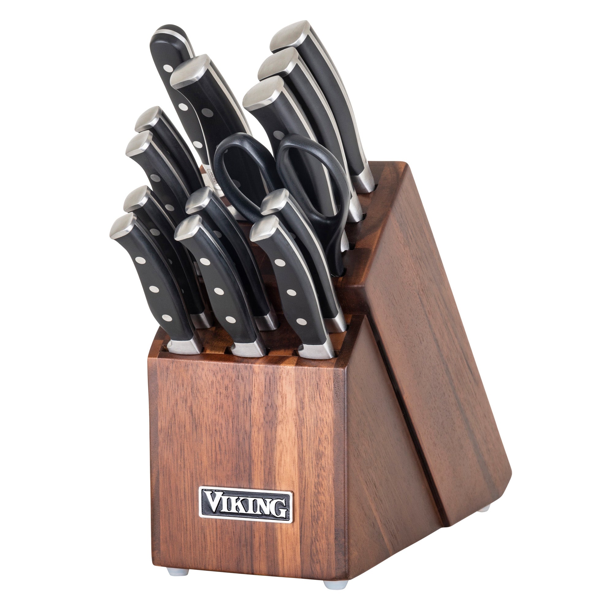 The Viking 15-Piece Stainless Steel Cutlery Set by Viking Culinary Products includes black-handled knives, kitchen shears, sharpening steel, and an acacia wood block with a metal Viking logo on the front.