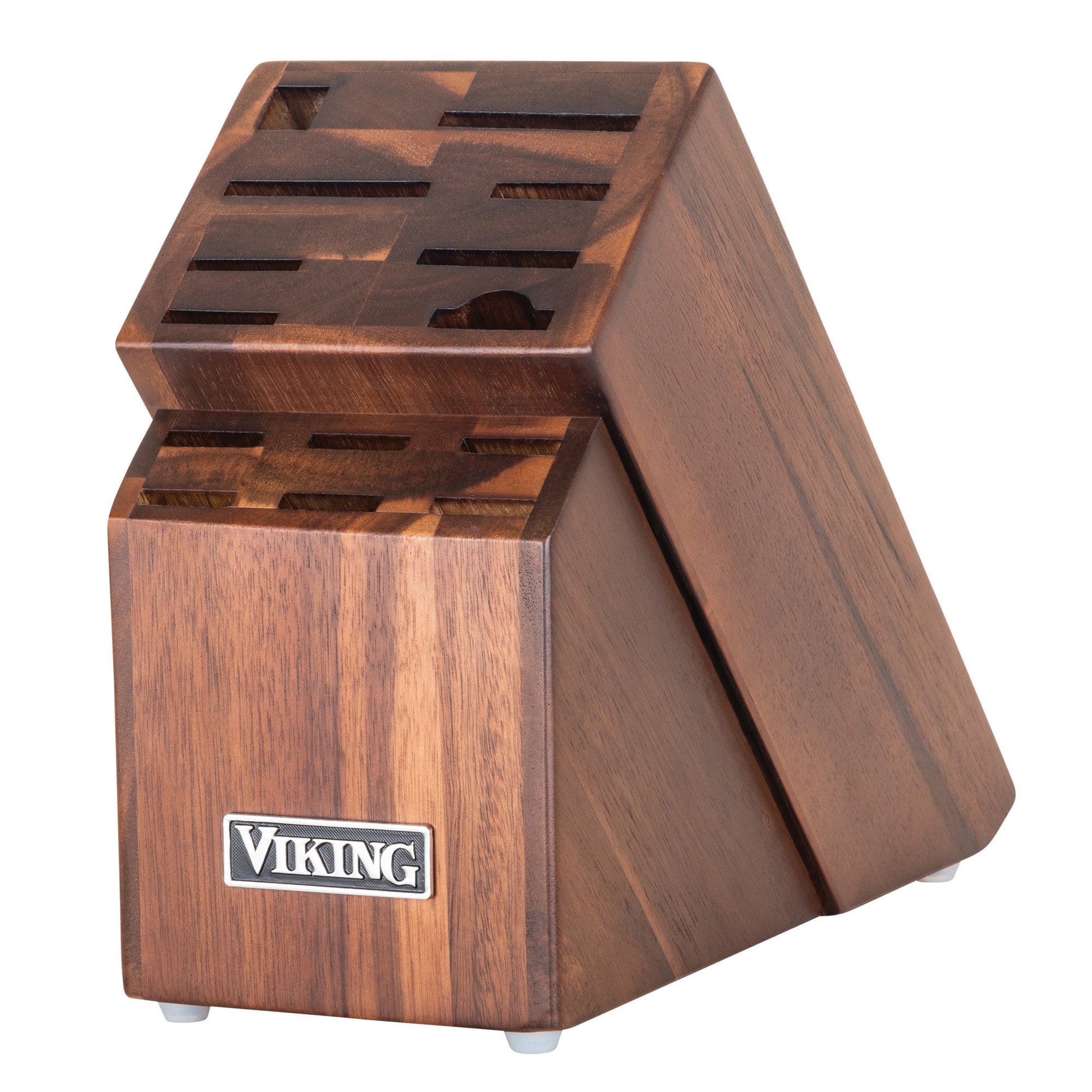 The Viking 15-Piece Stainless Steel Cutlery Set by Viking Culinary Products comes in an Acacia wood block with multiple slots, including space for a chefs knife and sharpening steel, and features a silver Viking logo on the front.