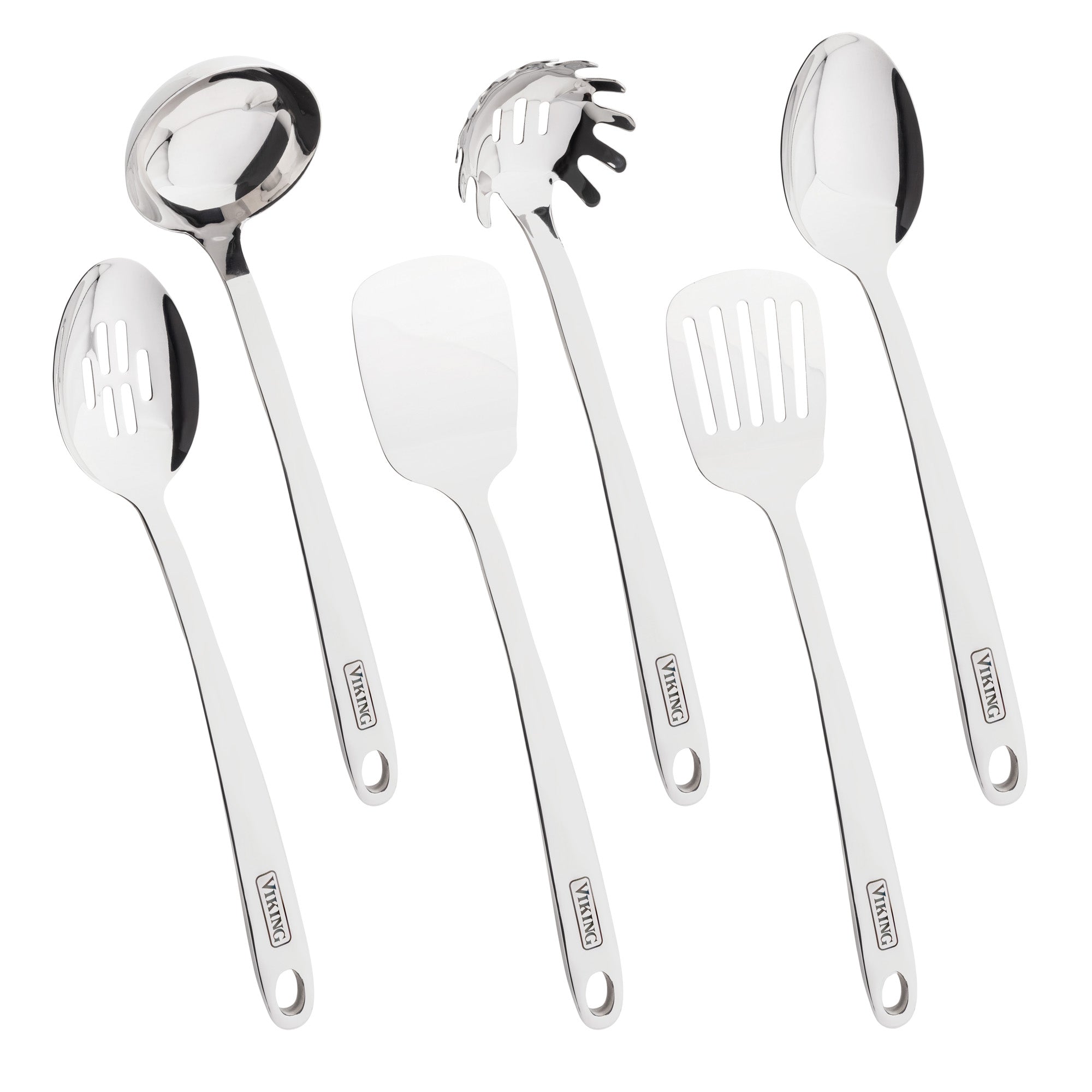 The Viking Hollow Forged Stainless Steel 6-Piece Tool Set by Viking Culinary Products features ergonomic, dishwasher-safe utensils—ladle, pasta server, solid spoon, slotted spoon, spatula, and slotted spatula—arranged on a white background.