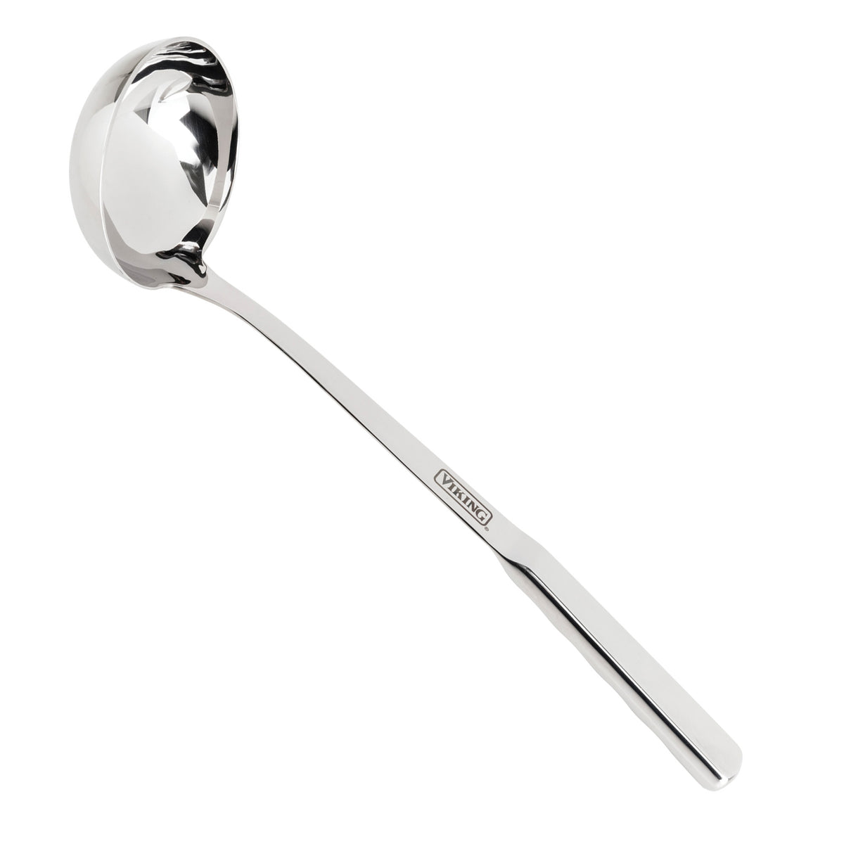 The Viking 8-Piece Stainless Steel Utensil Set by Viking Culinary Products includes a soup ladle with a deep bowl, ergonomic handle, and engraved logo. Part of our Dishwasher Safe Cooking Set for easy cleanup.