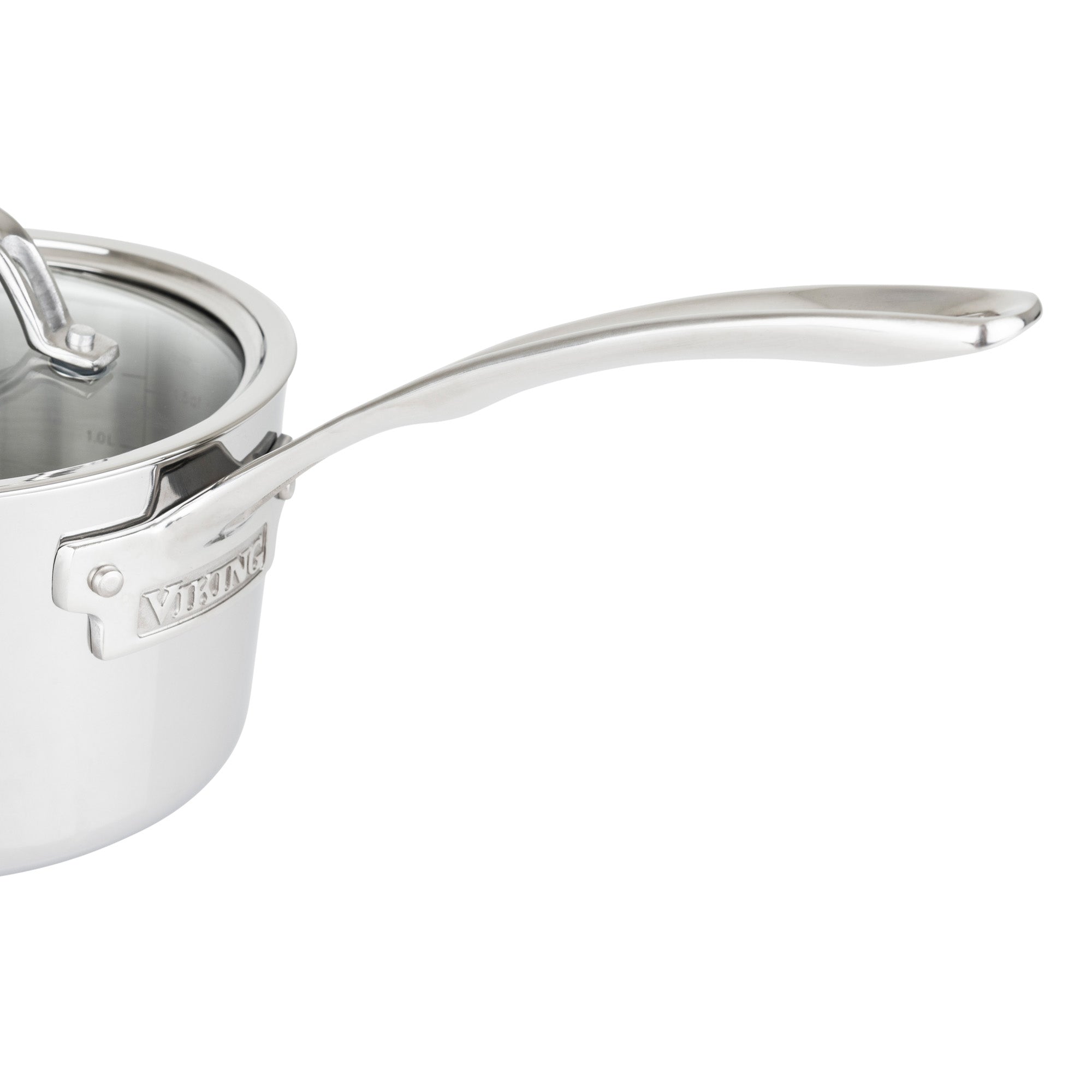 A close-up of the Viking Culinary Products Contemporary 3-Ply Stainless Steel 7-Piece Cookware Set with glass lids shows its shiny finish, curved handle, and embossed logo, emphasizing quality and induction compatibility.