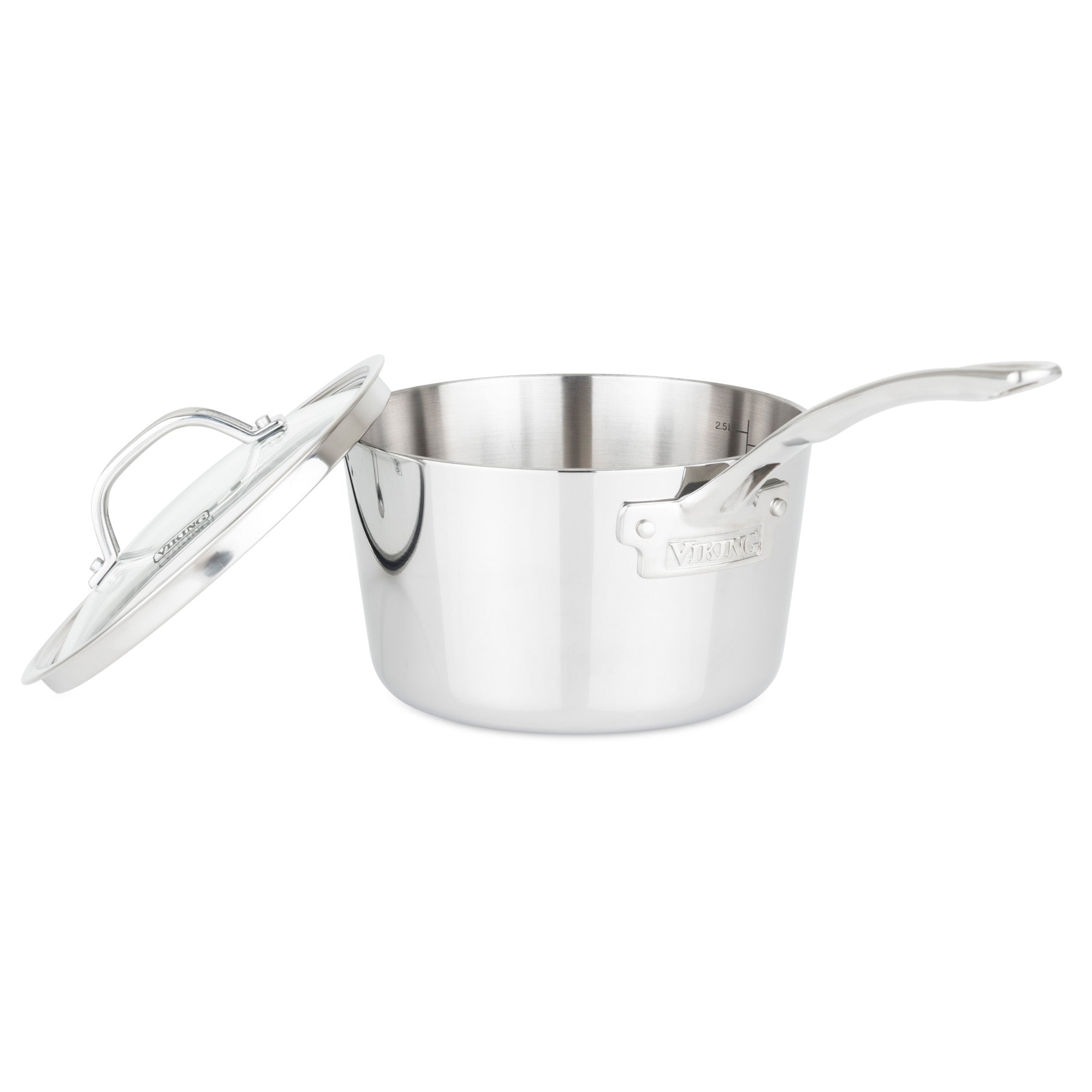 The Viking Culinary Products Viking Contemporary 3-Ply 3.4-Quart Sauce Pan features stainless steel, a long stay-cool handle, an elegant reflective finish, a glass lid resting at an angle, and is induction compatible.