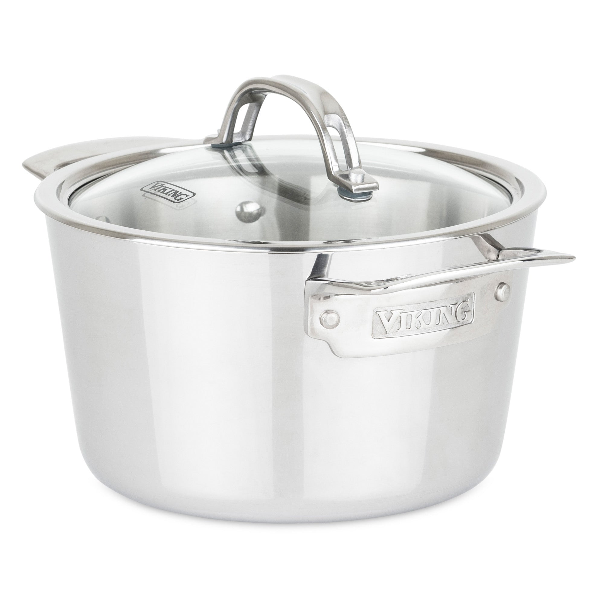 The Viking Culinary Products Viking Contemporary 3-Ply Stainless Steel 3.4-Quart Soup Pot features two handles and a transparent glass lid, and is induction compatible, shown against a white background.