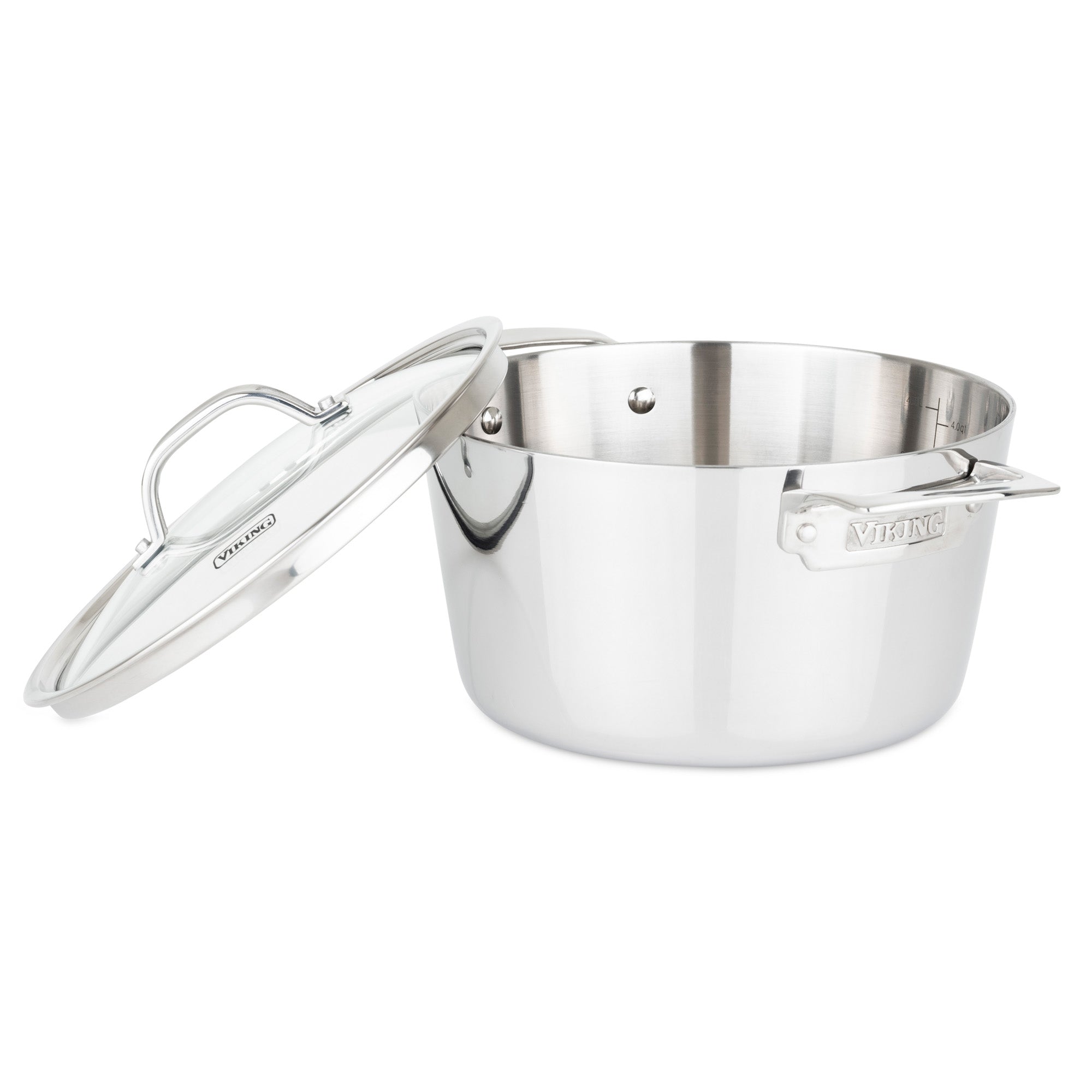 The Viking Culinary Products Contemporary 3-Ply 5.2-Quart Dutch Oven with Glass Lid, shown partially open on a white background, features handles and visible branding. It is induction compatible for versatile cooking.