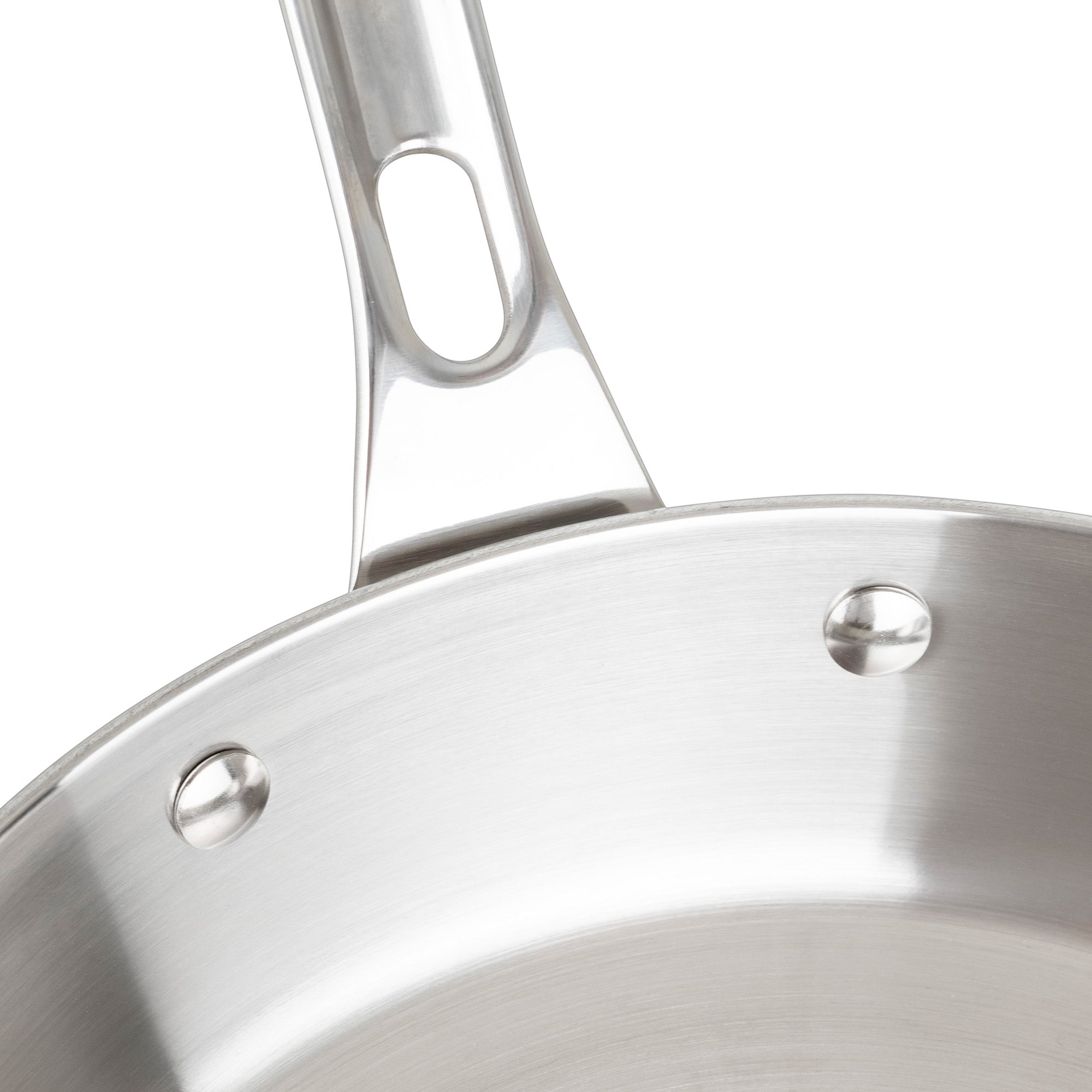 Close-up of the Viking Contemporary 3-Ply Stainless Steel 10-Inch Fry Pan by Viking Culinary Products, showcasing induction compatibility, a polished finish, and a riveted handle with an oval hole for durability and style.