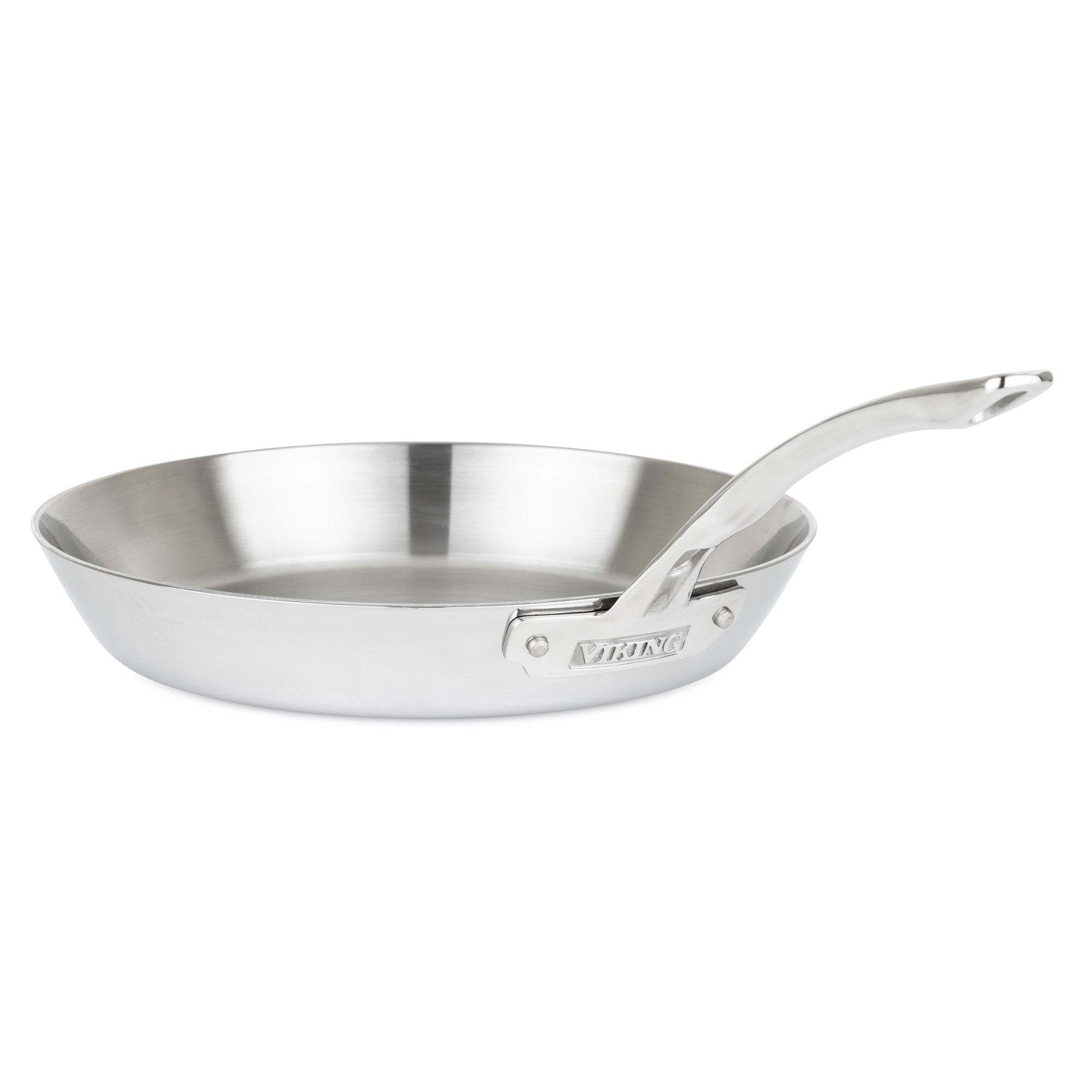The Viking Contemporary 3-Ply Stainless Steel 12-Inch Fry Pan by Viking Culinary Products features a shiny finish, smooth interior, long riveted handle for a sturdy grip, and is induction compatible. Shown on a white background.