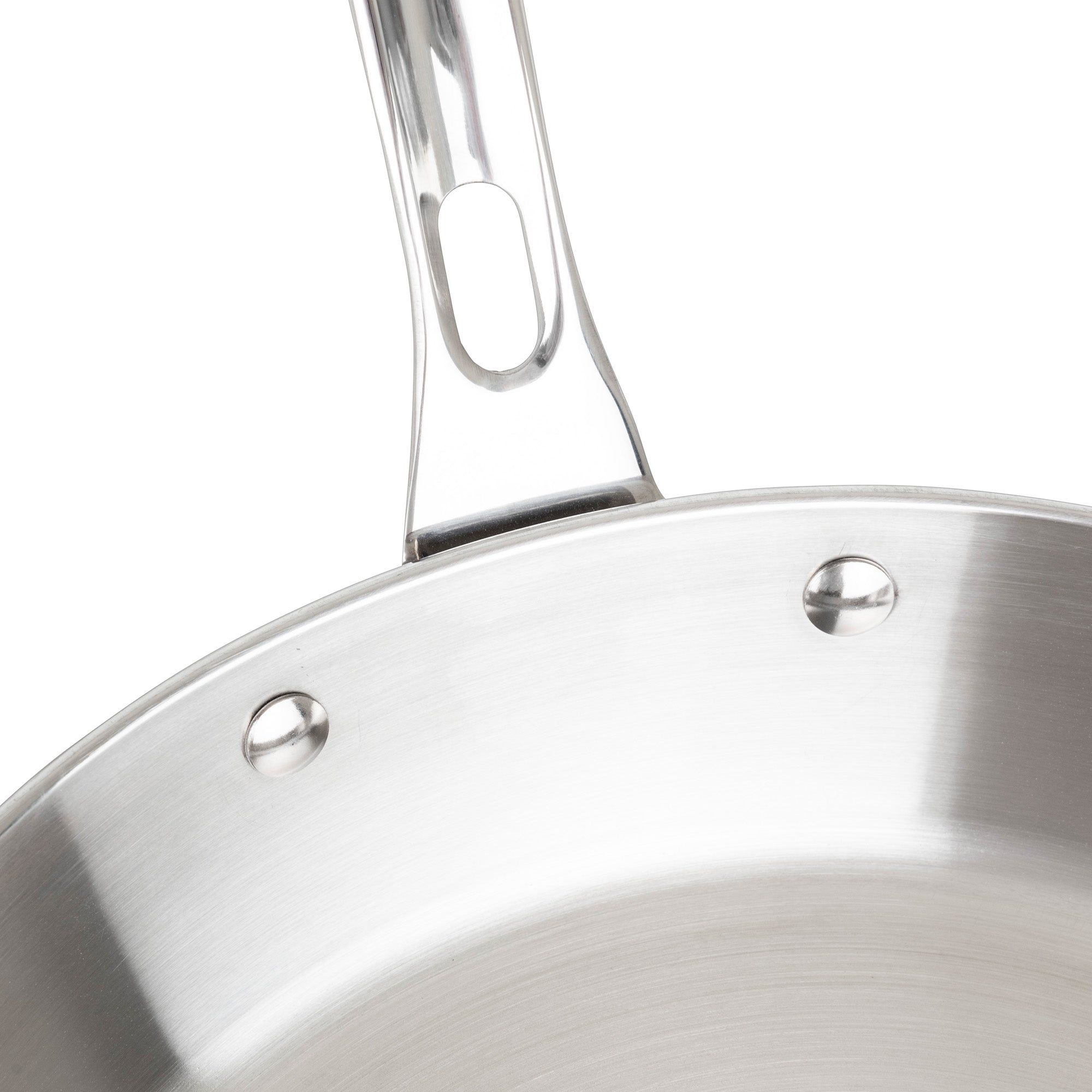 Close-up of the Viking Contemporary 3-Ply Stainless Steel 12-Inch Fry Pan by Viking Culinary Products, highlighting its riveted handle and smooth interior. Induction compatible for versatile cooking.