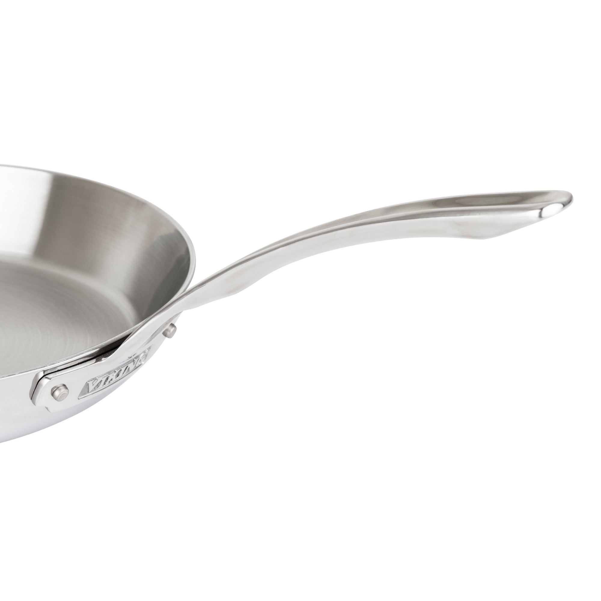 A close-up of the Viking Contemporary 3-Ply Stainless Steel 12-Inch Fry Pan by Viking Culinary Products, showing its long curved handle and partial body on a white background. Induction compatible.