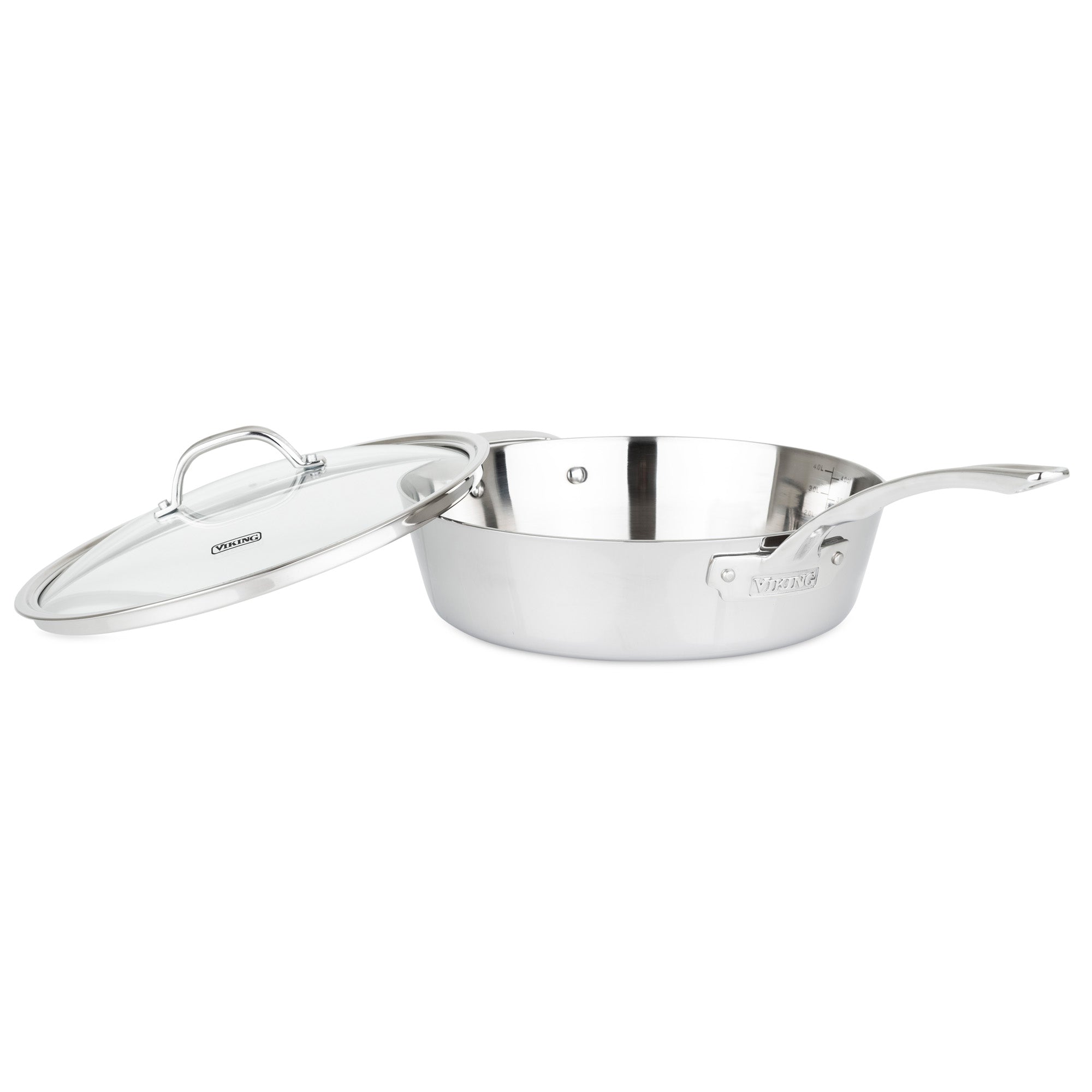 A polished Viking Contemporary 3-Ply 4.8-Quart Sauté Pan by Viking Culinary Products with a long handle and matching glass lid is shown slightly tilted, displaying the brand name on the side. Induction compatible.