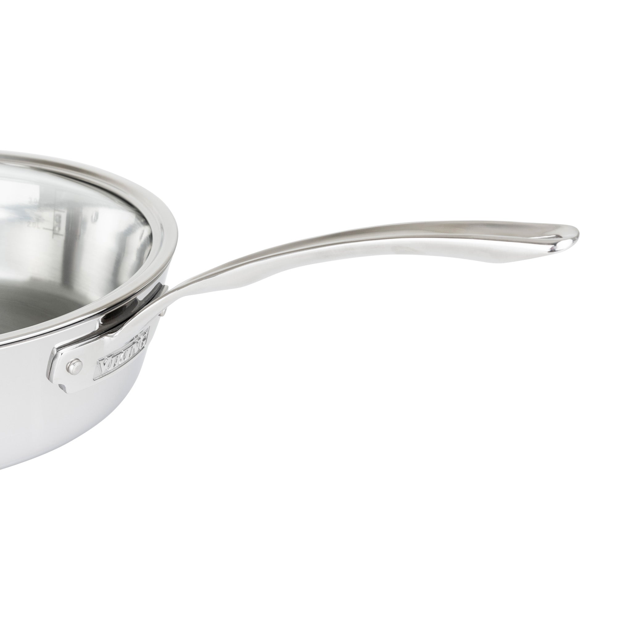 A close-up of the Viking Contemporary 3-Ply 4.8-Quart Sauté Pan with Glass Lid by Viking Culinary Products, featuring an induction-compatible stainless steel body, shiny long handle, and reflective surface against a white background.