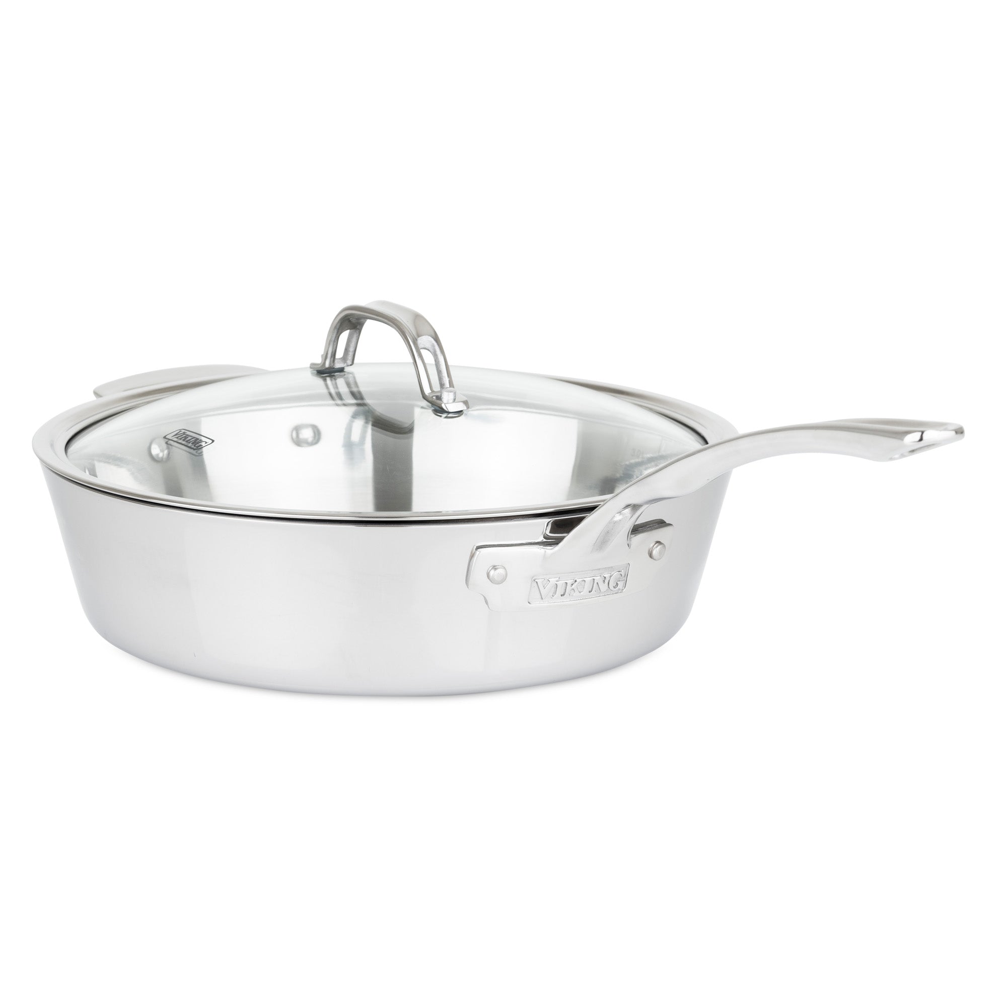 The Viking Contemporary 3-Ply 4.8-Quart Sauté Pan with Glass Lid by Viking Culinary Products is induction compatible, crafted from durable stainless steel, and features a long handle, sleek modern design, and matching glass lid.