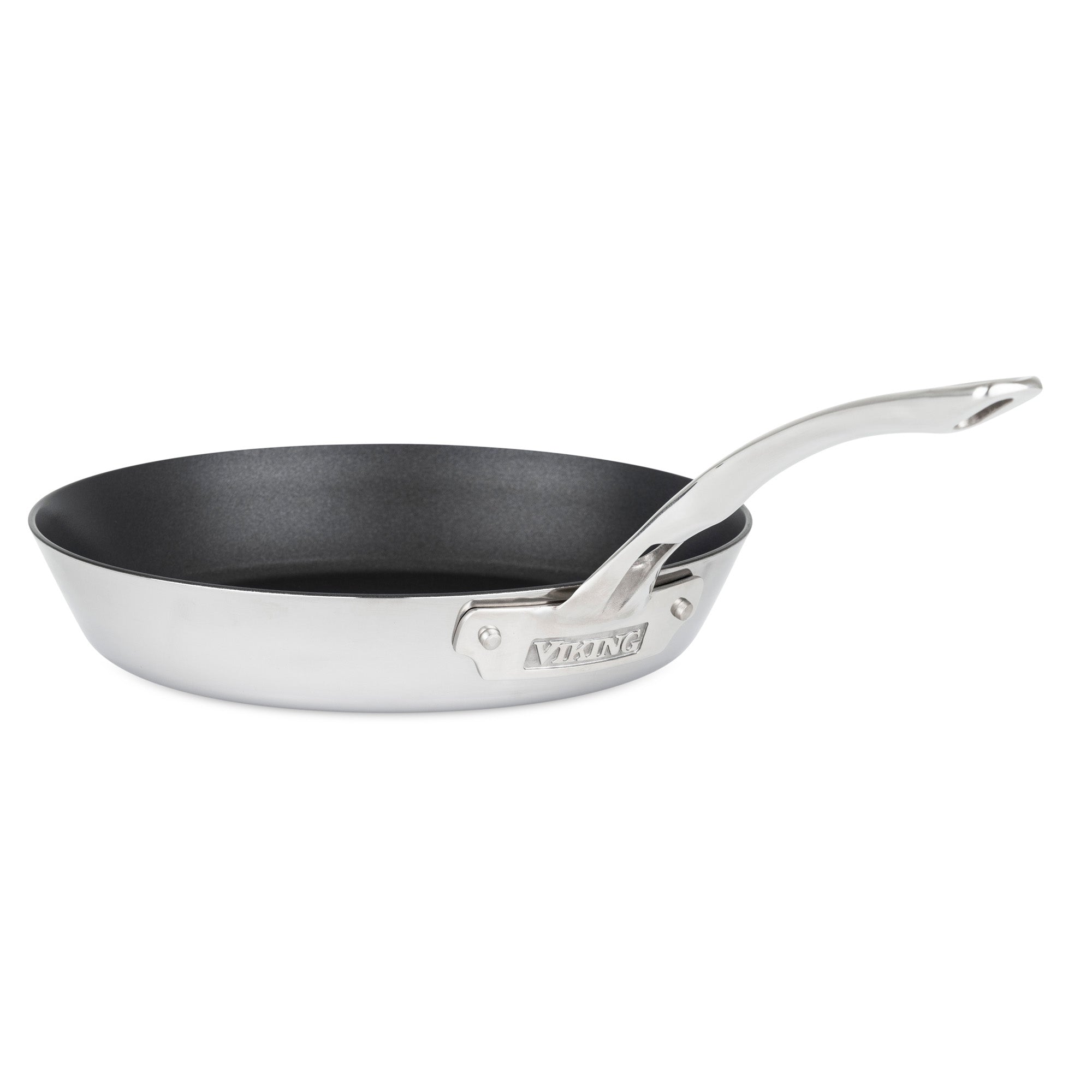 The Viking Culinary Products Contemporary 3-Ply Stainless Steel 10-Inch Nonstick Fry Pan features a stainless exterior, black nonstick interior, and a long metal handle engraved with the Viking brand.