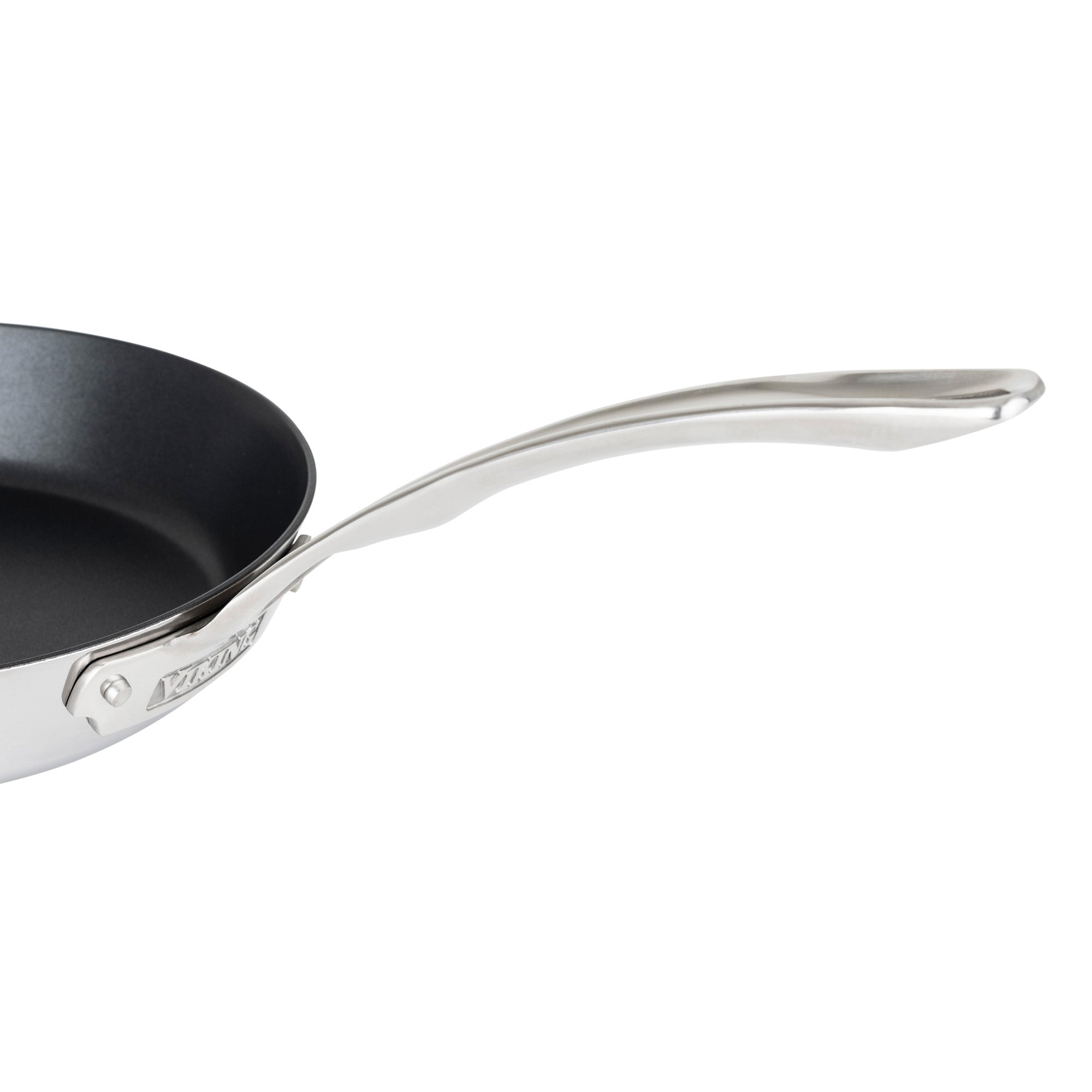Close-up of the Viking Culinary Products Contemporary 3-Ply Stainless Steel 10-Inch Nonstick Fry Pan, featuring a long, curved stay-cool metal handle, shown against a white background.