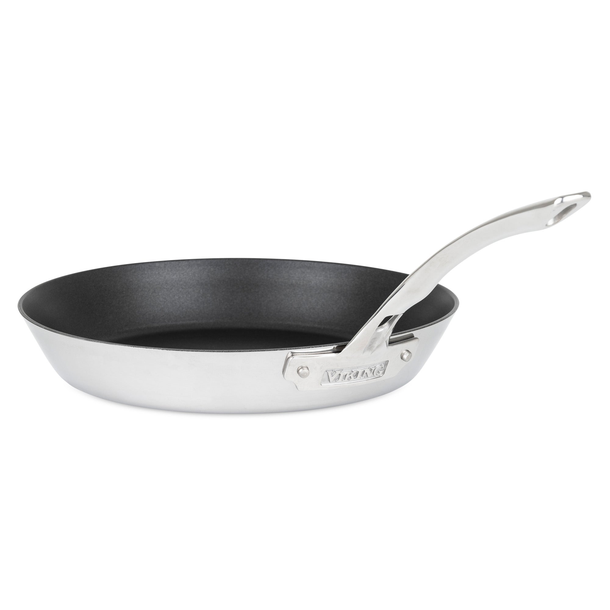 The Viking Contemporary 3-Ply Stainless Steel 12-Inch Nonstick Fry Pan by Viking Culinary Products features a sleek silver finish, a long metal handle, is induction compatible, and is displayed on a white background.